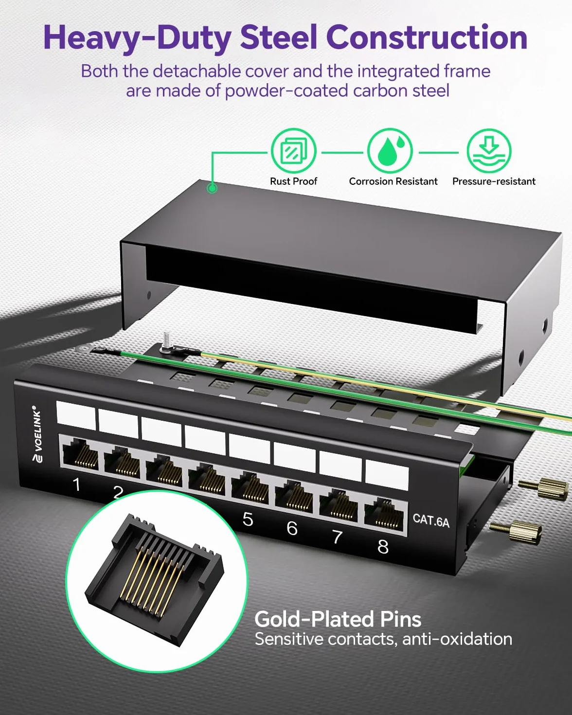VCELINK Panel de conexiones CAT6A de 8 puertos blindado 10 Gbit/s RJ45 para montaje en rack