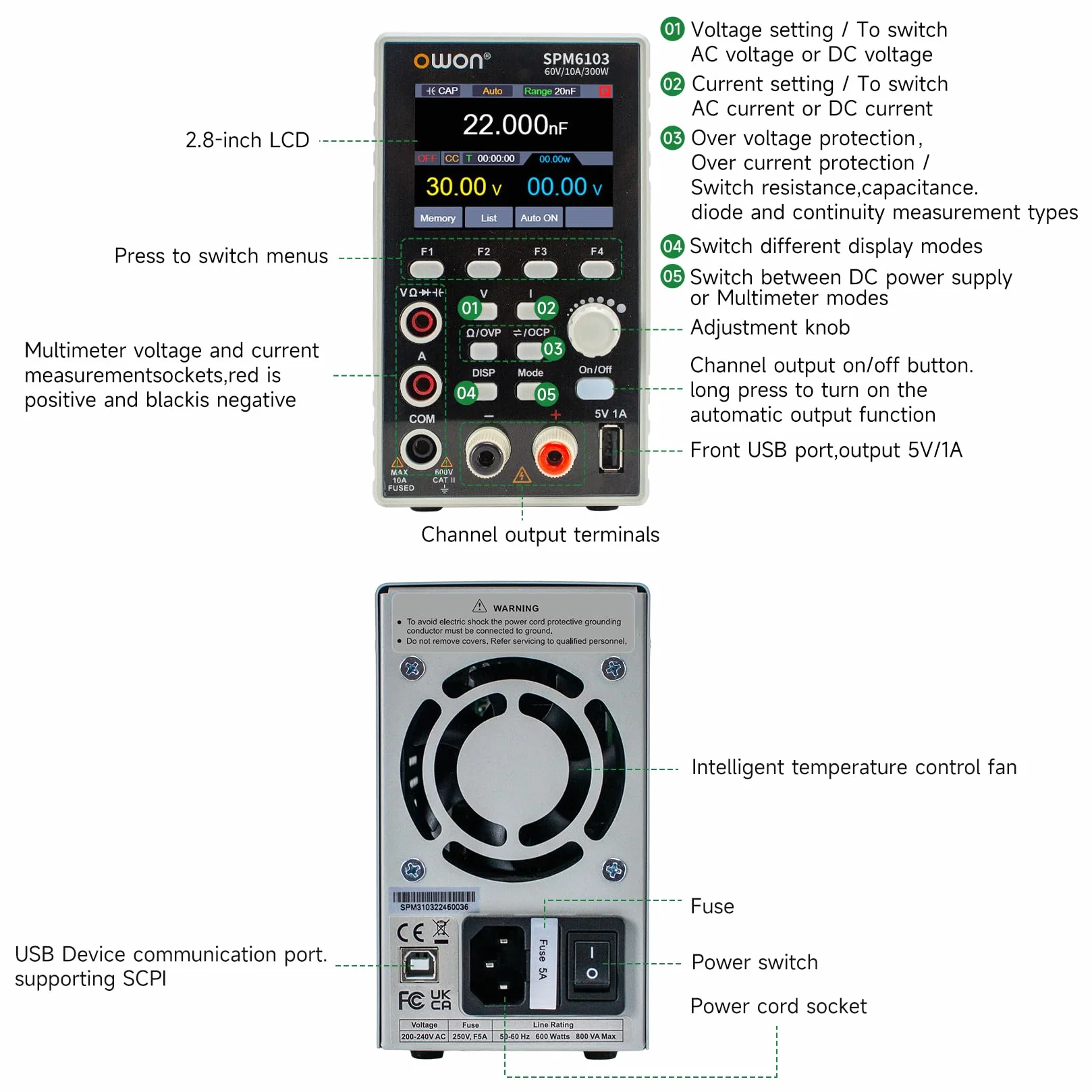 OWON SPM6103 Fuente de Alimentación CC (0-60V, 0-10A), 2 en 1 Multímetro y Banco de Laboratorio con Pantalla LCD de 2.8 inch, Multímetro Digital 4 1/2