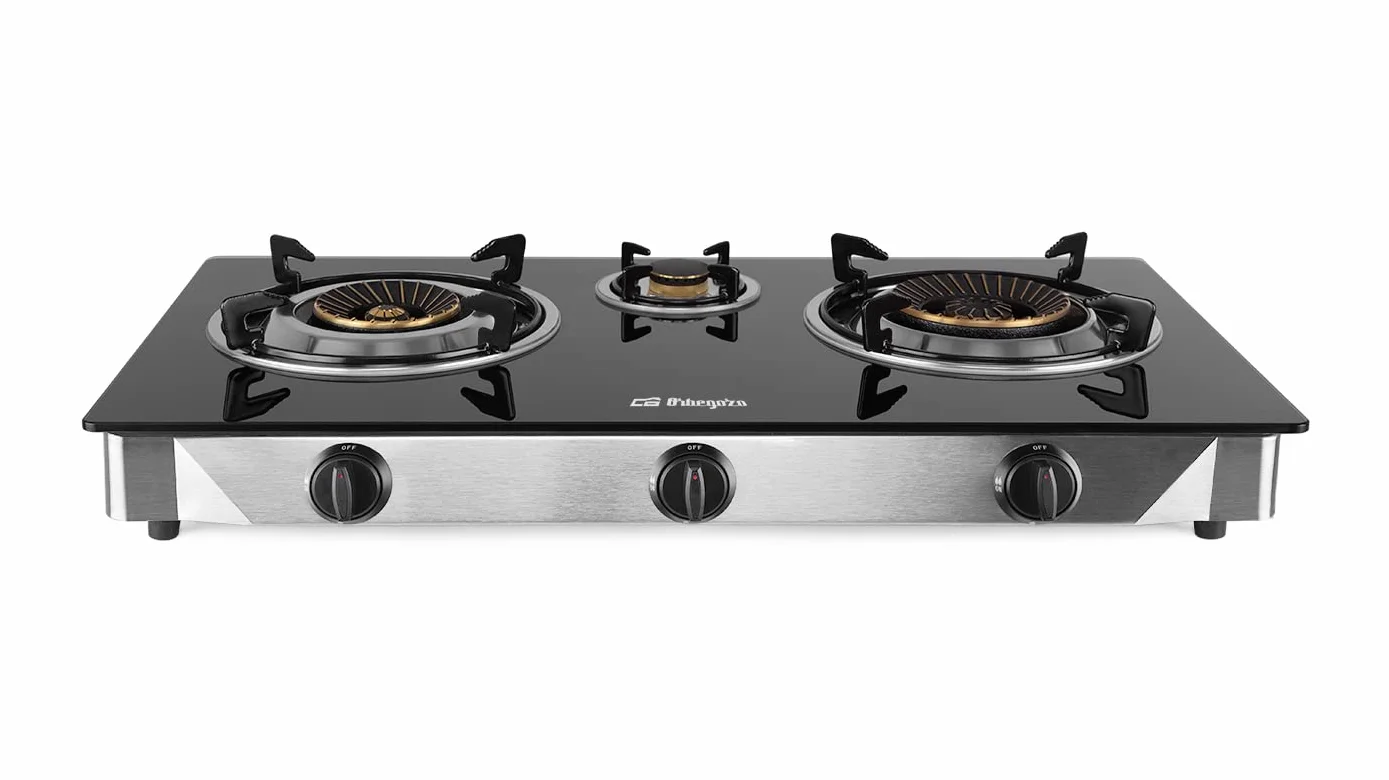 Orbegozo FO 3520 Hornillo A Gas 3 Fuegos, 2 Quemadores Triple Corona, Butano Propano, Encendido Piezoeléctrico, Cristal Templado, Inox