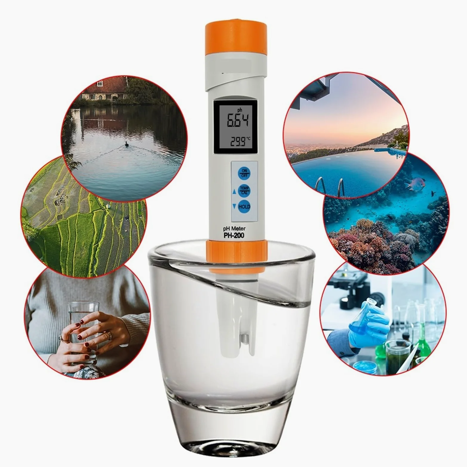 Medidor de pH de agua, Medidor de PH de PH-200 Digital COM-100 medidor de temperatura EC TDS con función de calibración automática probador de pluma de calidad del agua PH(HM COM-100)