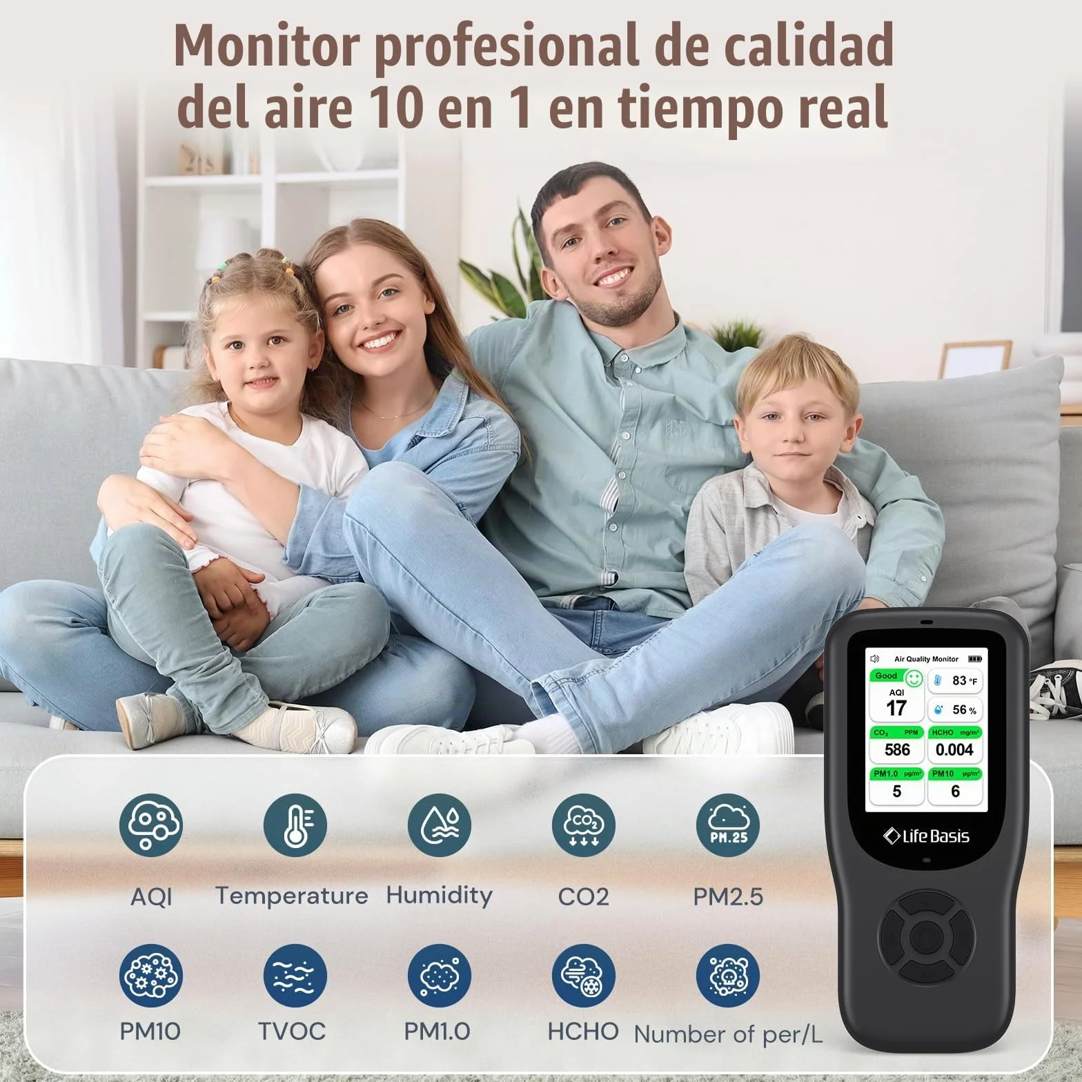 LifeBasis Medidor Calidad Aire 10 en 1 Detector de Gas Recargable con Soporte Medidor CO2,AQI, PM1.0, PM2.5, PM10, TVOC, HCHO, Partículas, Temperatura y Humedad para Hogar Oficina Escuela