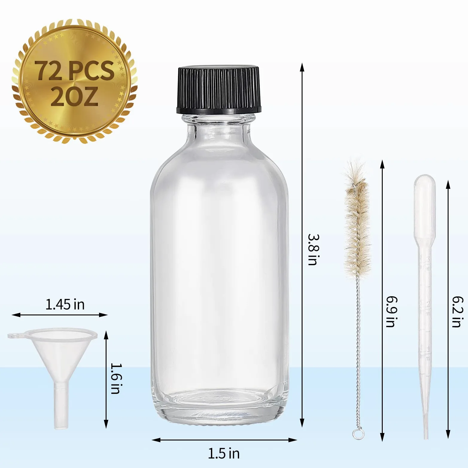 72, botellas pequeñas de vidrio transparente de 2 onzas con tapas, botellas redondas de muestra Boston para aceite esencial, salsa picante, jugo, whisky, bourbon líquido vienen con 5 embudos, 5