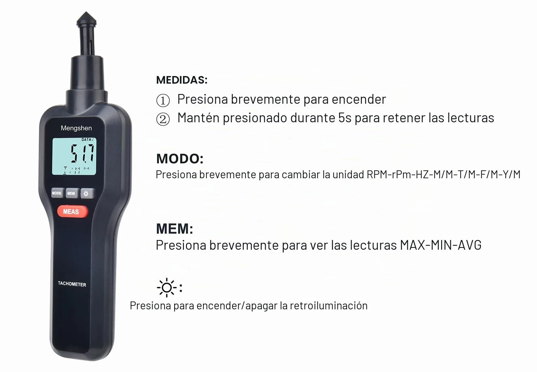 Mengshen Tacómetro Digital 2 en 1 Medidor de Velocidad Sin Contacto y Contacto