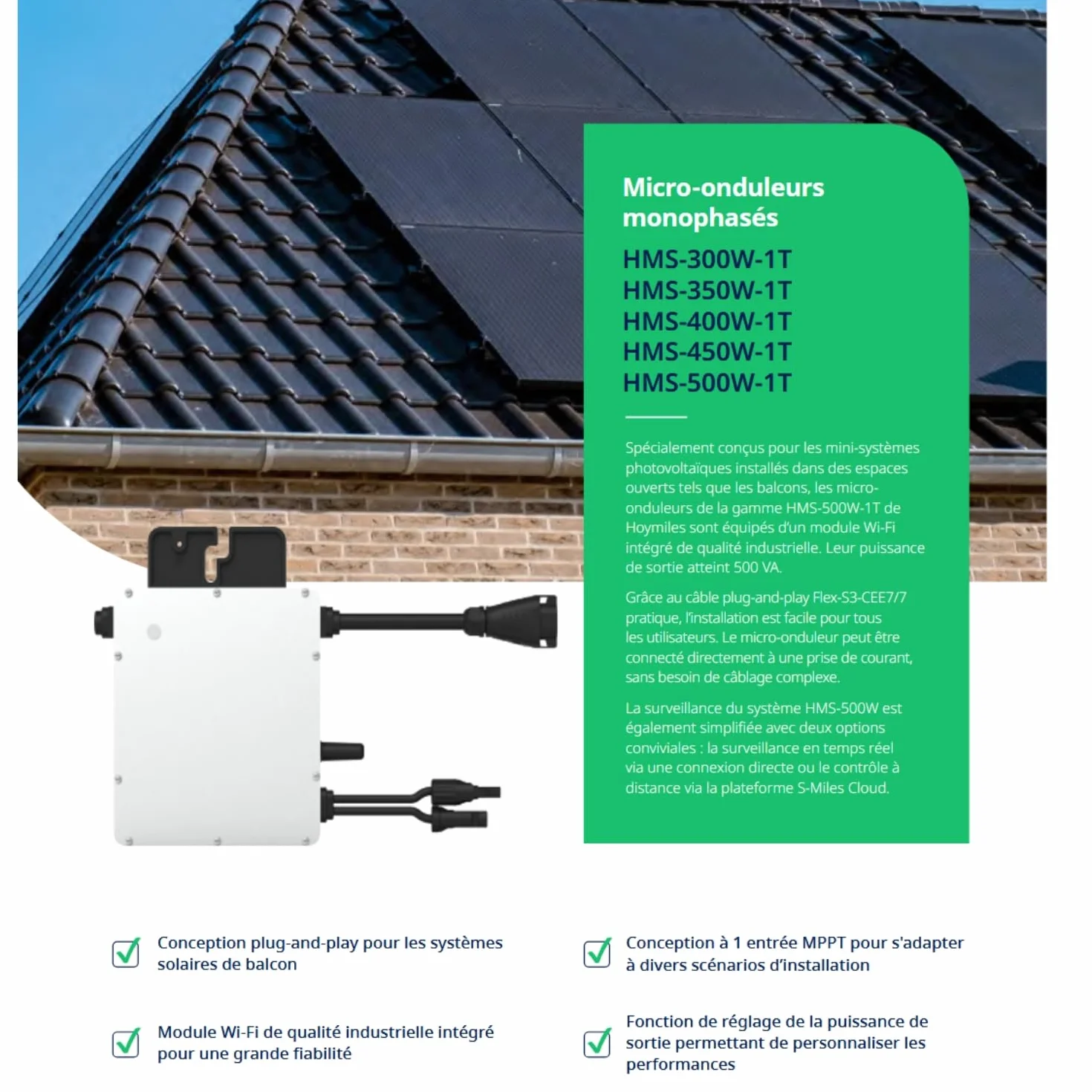 Hoymiles HMS-500W-1T - Microinversor de 500 W, WiFi y Bluetooth, para 1 panel solar + cable AC Plug & Play HMS 5 m