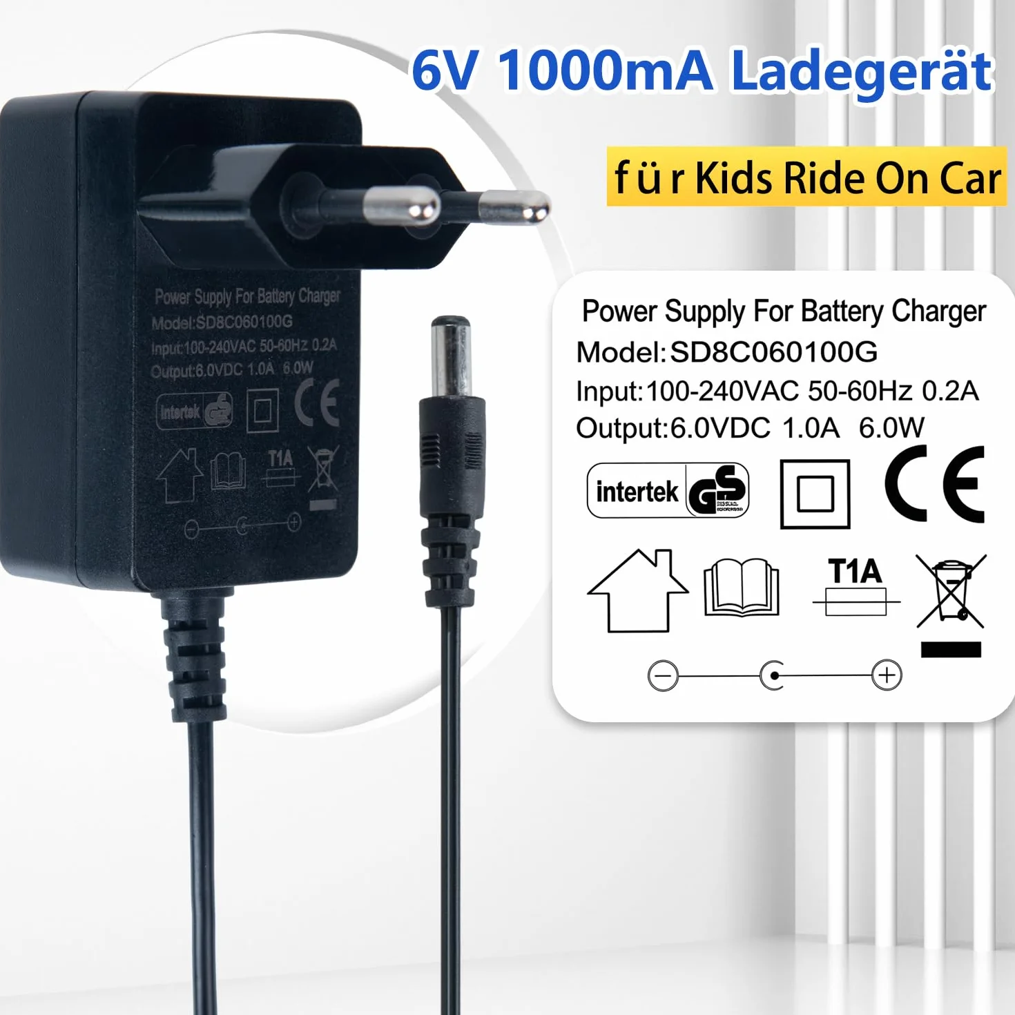 Cargador de 6 V para Juguetes de Paseo, Batería de Niños, Coche Eléctrico y Motocicleta