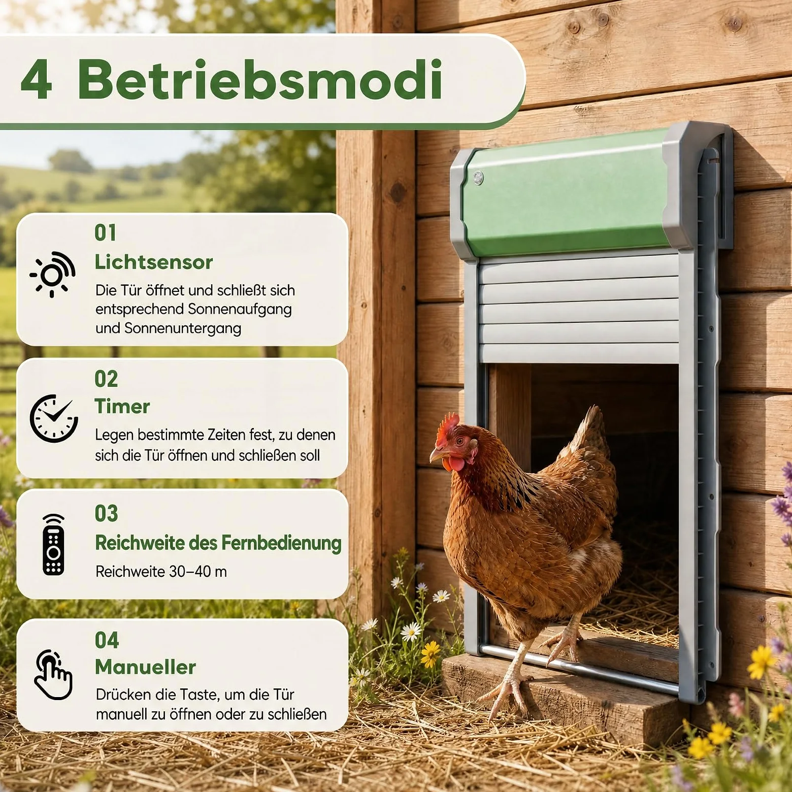 GYMAX Puerta Gallinero Automatica Solar con Control Remoto de 40 m, Puerta de Pollo Automática con Temporizador, Sensor de Luz, Modo Manual a Botón, Batería Recargable y Panel Solar para Exterior