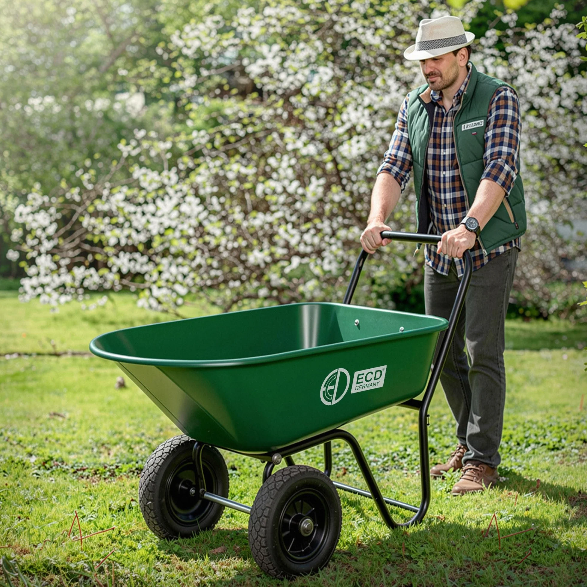 ECD Germany Carretilla de Jardín con Función Basculante de 78 L Carro de Mano para Obras con 2 Ruedas de PU y Cubeta de PP Herrameinta de Empuje Estructura de Acero con Capacidad de Carga de 100 kg