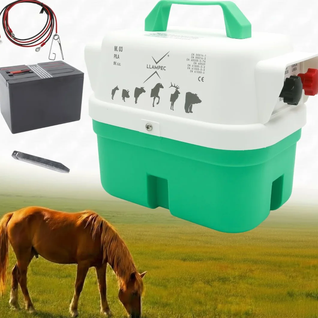 Pastor Eléctrico Llampec Mod.03 a Pila 9V – 0,37 J, 9.000 V y 6 km de alcance – Cerca eléctrica portátil para perros, gatos, caballos y vacuno – Autonomía 90 días – Fabricado en España