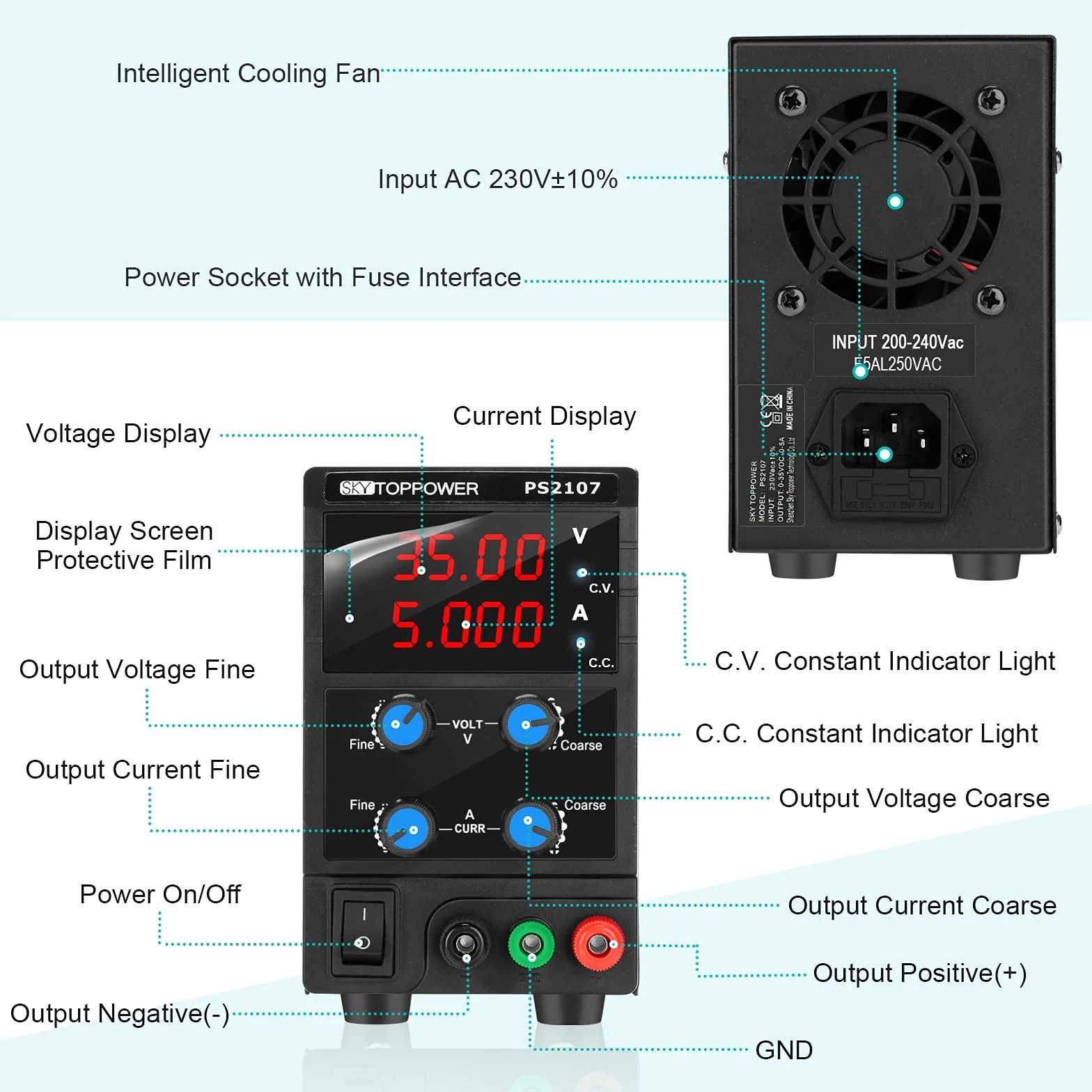 Fuente de alimentación de banco 0-35V/0-5A LED de 4 dígitos CC/CV Alimentatore CC per insegnamento in laboratorio, riparazione elettronica,DIY,elettronica del veicolo