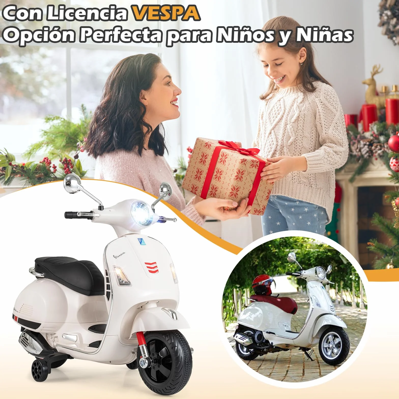 COSTWAY Moto Eléctrica para Niños Vespa 12V, 4 Ruedas, Música, Bocina, Faros, Motocicleta Infantil con Motor Doble, 3-6 Años