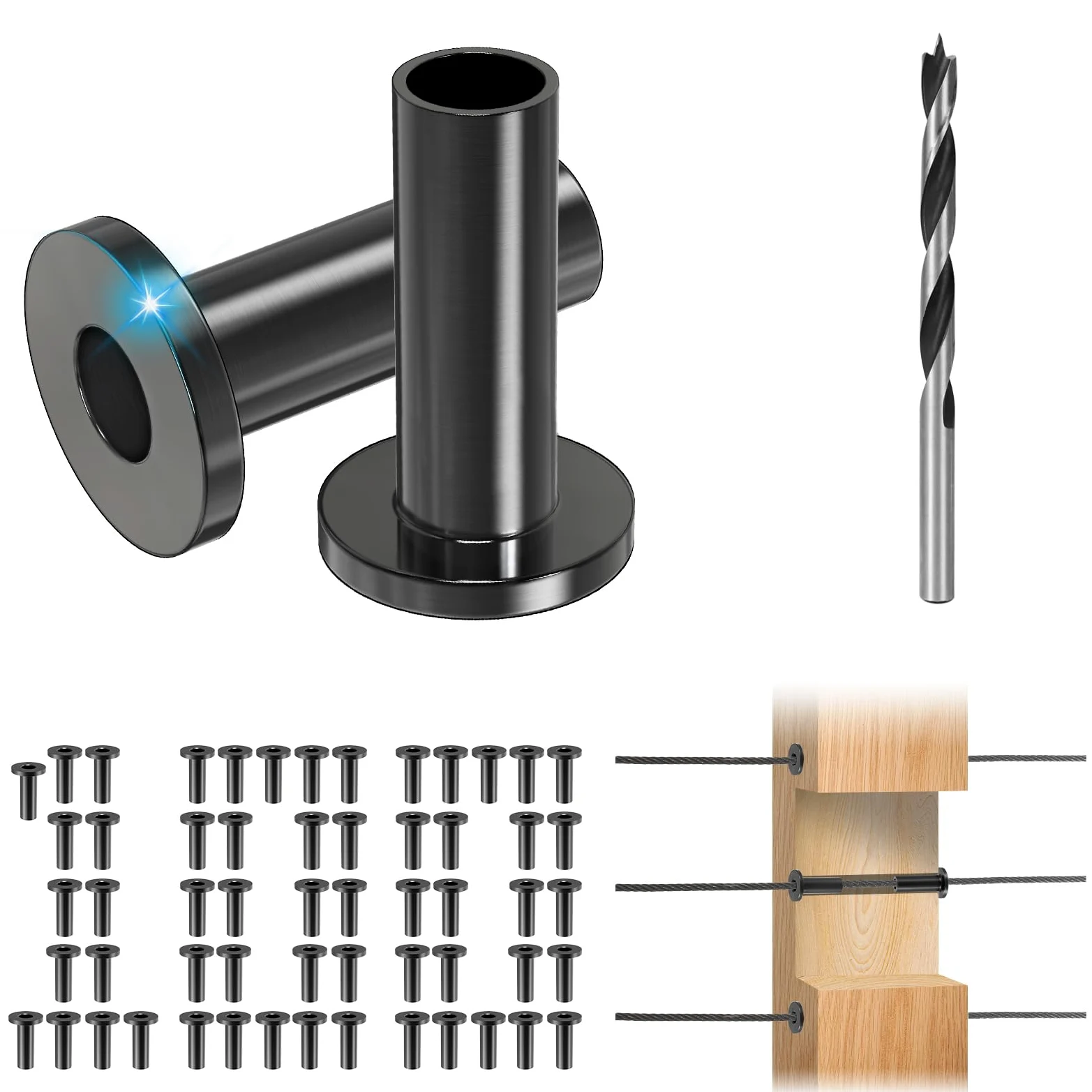 Steel DN Mate Paquete de 100 fundas protectoras de acero inoxidable negro para cables de cuerda de alambre de 1/8 pulgadas, 5/32 pulgadas, 3/16 pulgadas, kit de barandilla de cable de cubierta de