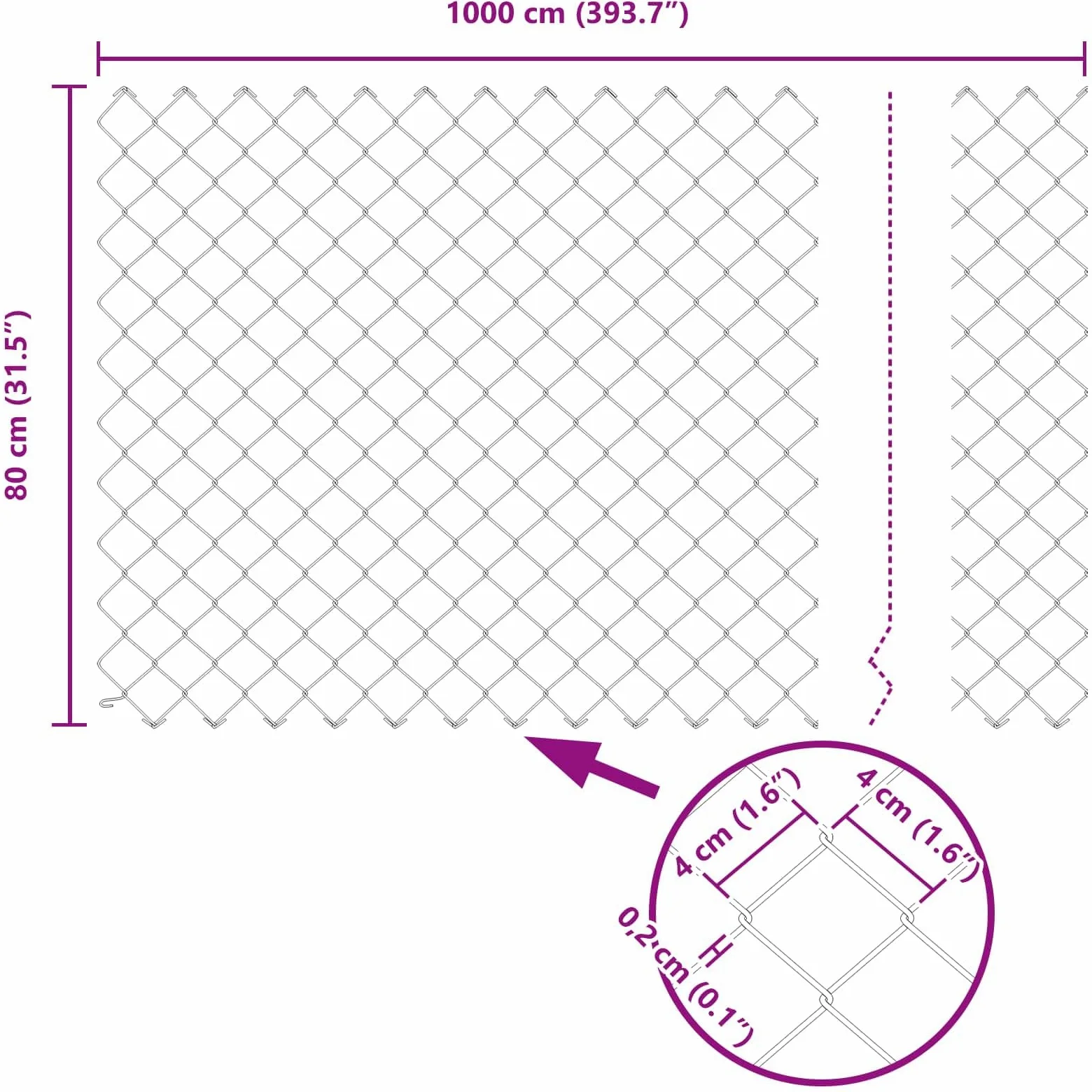 Valla de cadena plateada 10 x 0,8 m, acero galvanizado, valla de malla para jardín, terrazas, cercado de animales, resistente a los rayos UV, resistente a la intemperie, duradero