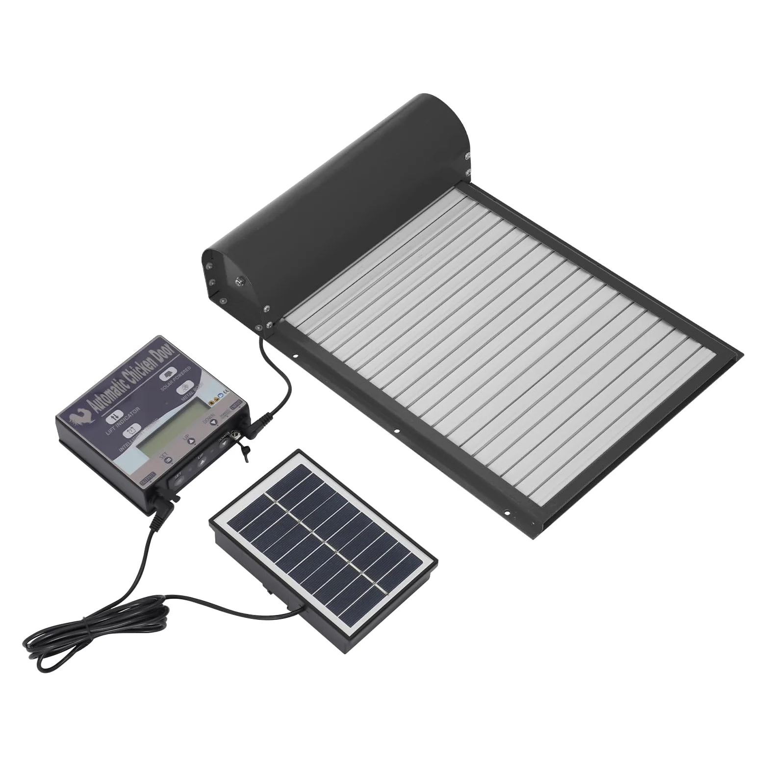 Puerta de pollo automática solar con panel de control, puerta de pollo eléctrica abridor de puerta con mando a distancia/manual/temporizador/modo sensor de luz para aves de corral (negro)