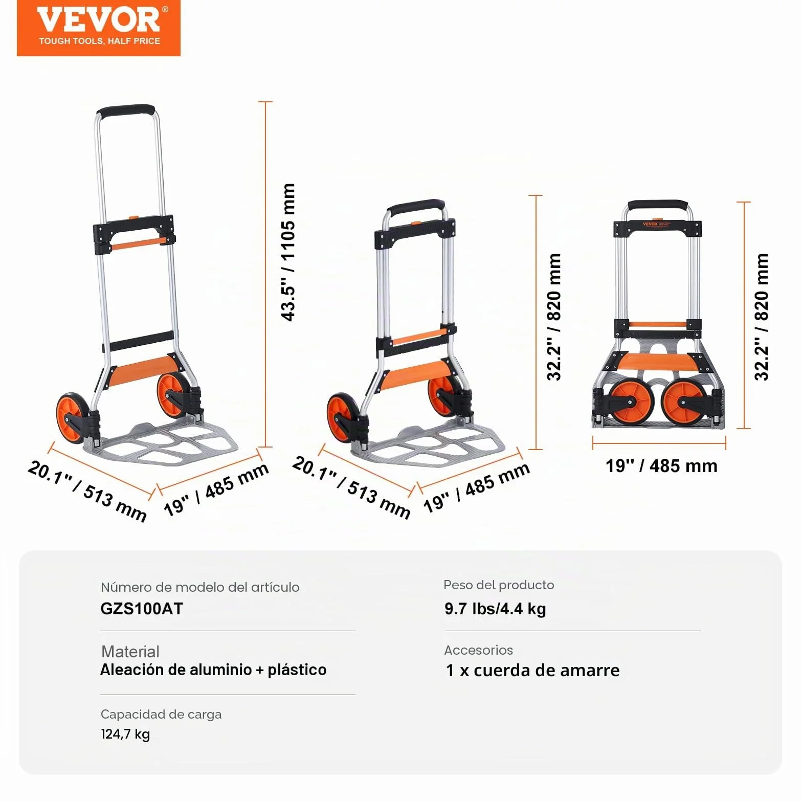 VEVOR Carretilla de Mano Plegable de Aluminio Carga 125 kg Carro de Mano con Ruedas de Goma Mango Telescópico