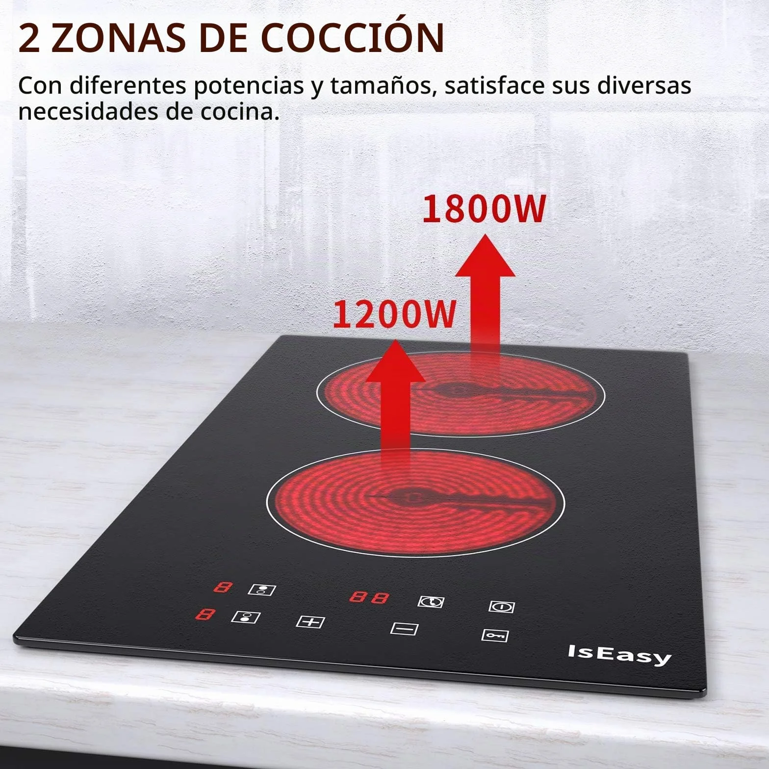 Placa de vitrocerámica IsEasy 3000 W 29,5 cm 2 zonas cocción 9 niveles calor temporizador control táctil