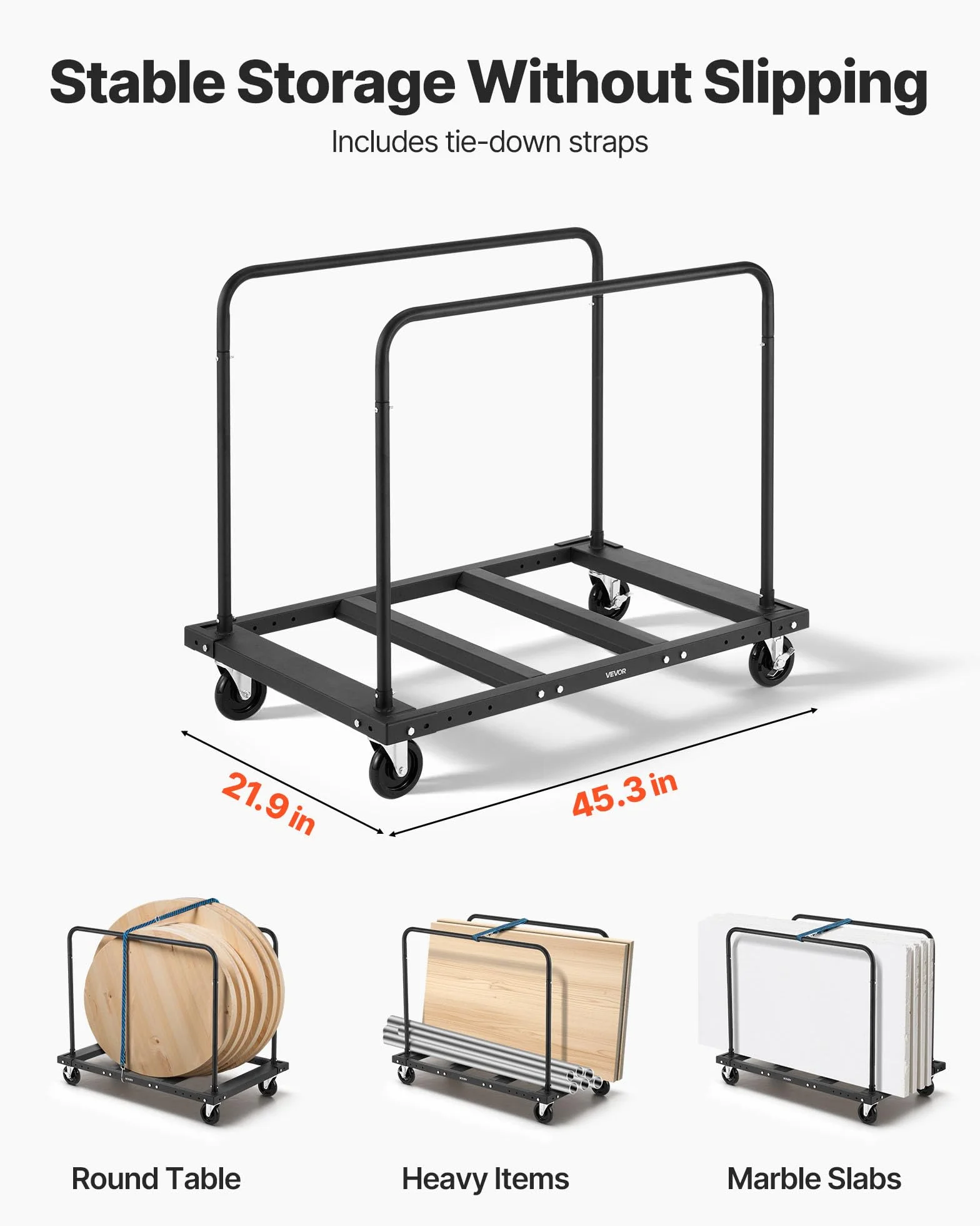 VEVOR Carro de Transporte, Carga 816 kg, con Ruedas Giratorias 12,5 mm, Rodillo para Placas, Abrazadera para Tubos con Correa de Amarre y 2 Pasamanos Laterales, para Almacenes y Garajes, Negro