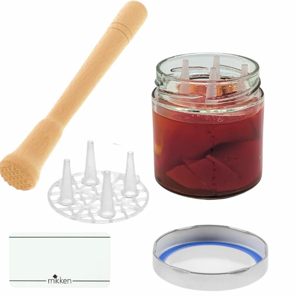 Juego de iniciación para fermentación 4 vasos 410 ml con tapa Blueseal, rejilla y apisonador de madera