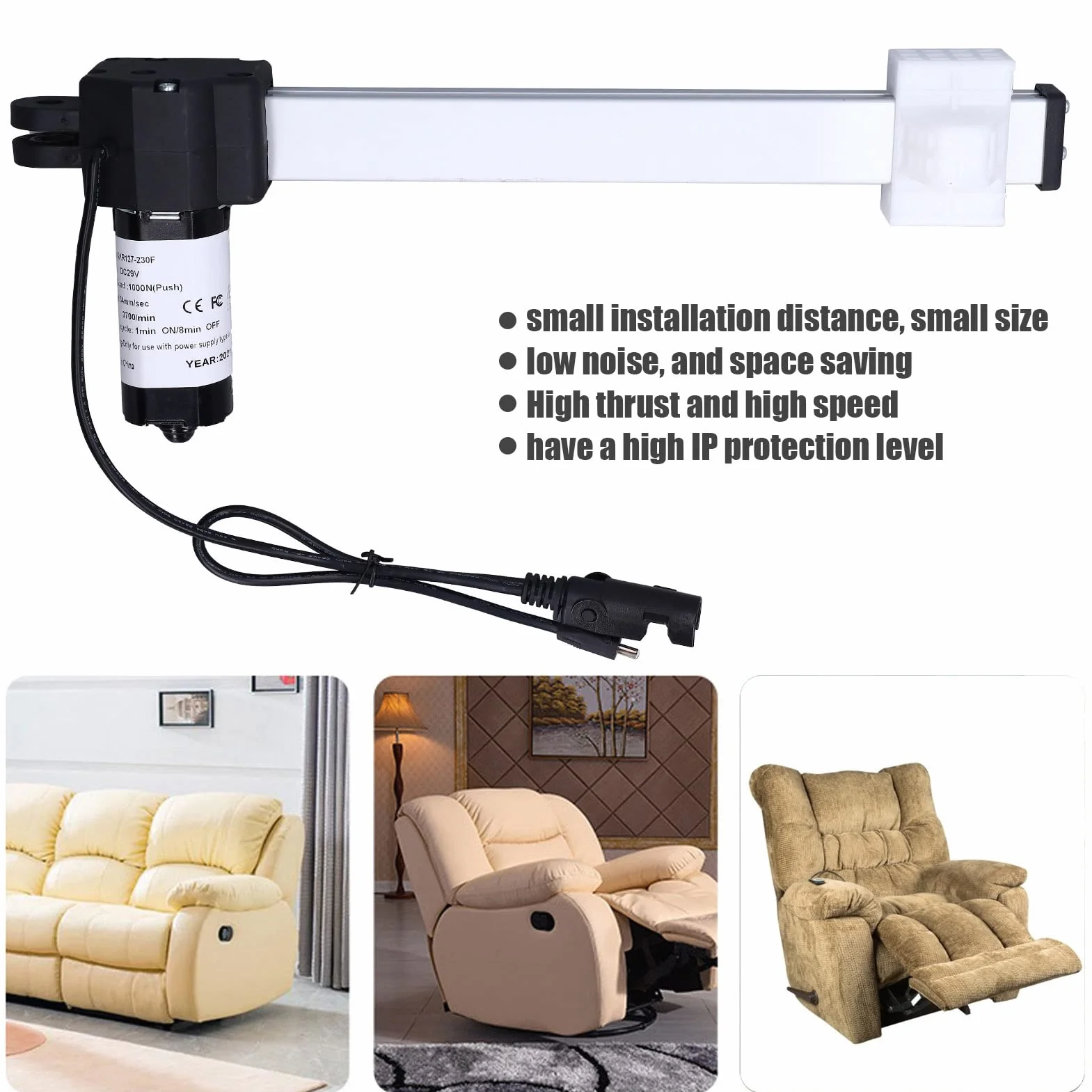 Actuador Eléctrico de Carrera de 9 Pulgadas, Motor de Actuador Lineal DC 29V 1000N/220LB para Automóvil/sillón Reclinable Eléctrico/mesa de TV/cama Eléctrica/sofá Eléctrico/sillas Elevadoras