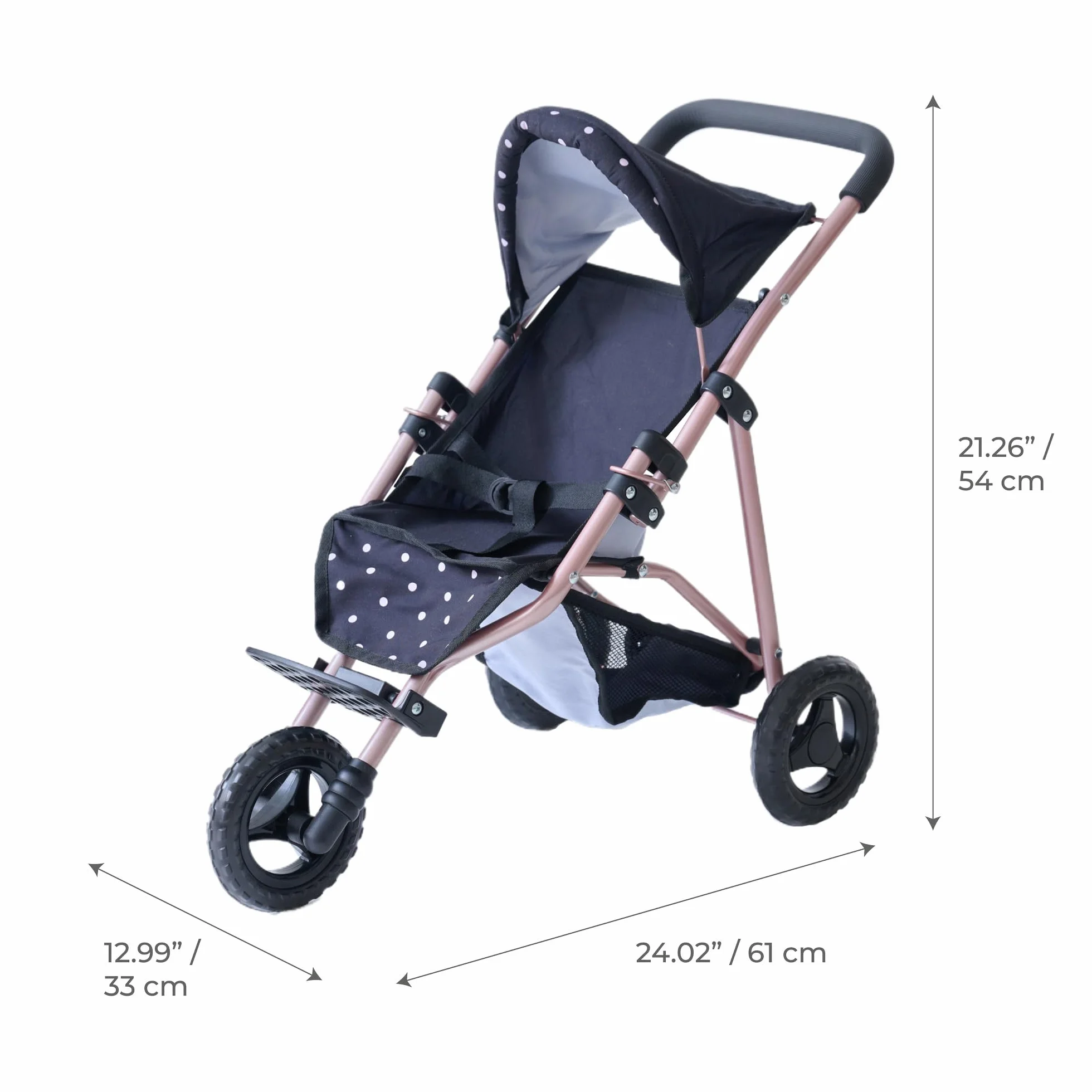 Teamson Kids Cochecito de muñecas Jogging Negro con Lunares Rosas, Capota Ajustable, Arnés, Cesta y Mango Suave
