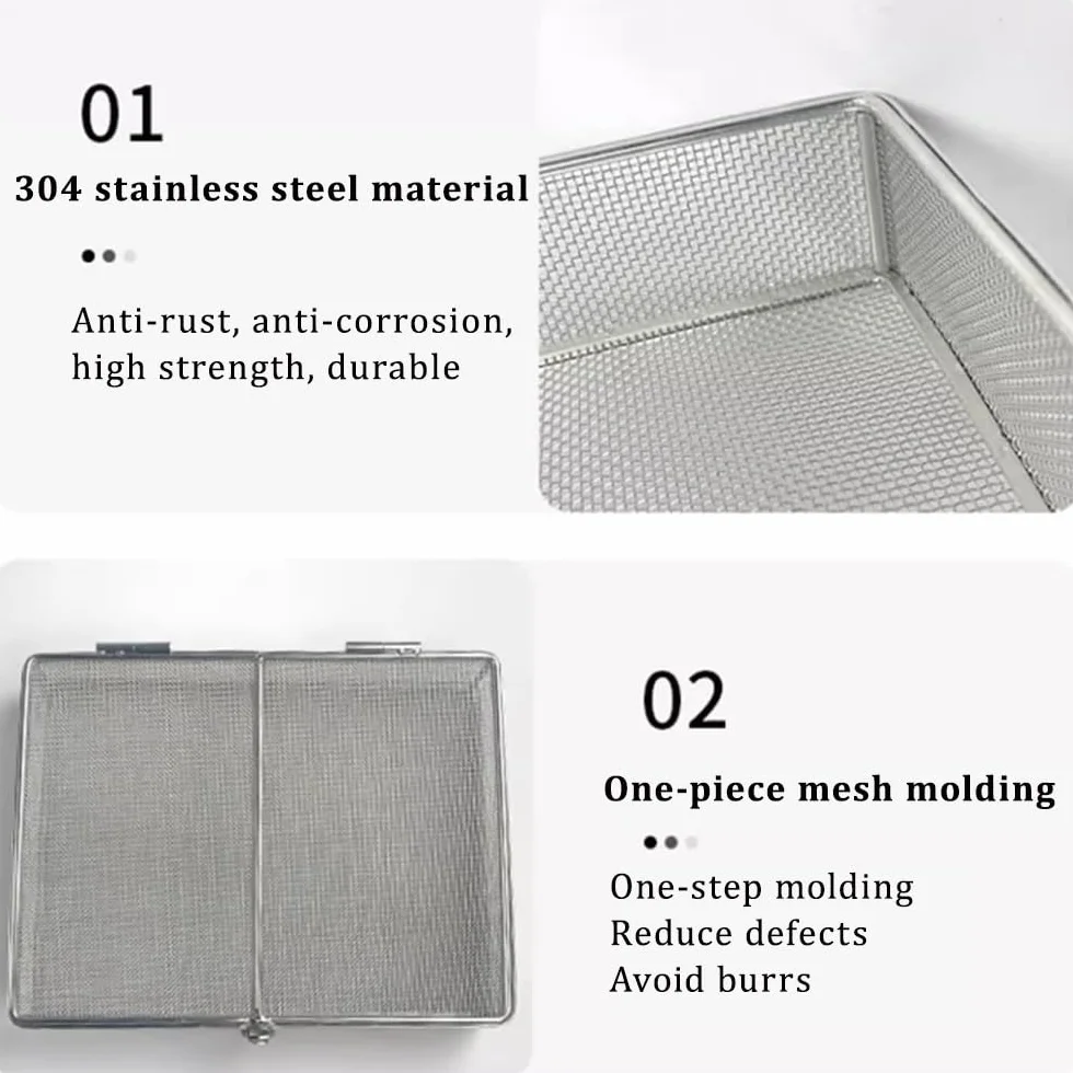 Cesta de esterilización para instrumentos quirúrgicos, caja de malla de acero inoxidable con tapa, apta para autoclave para uso hospitalario y laboratorio, 25 x 17 x 7 cm