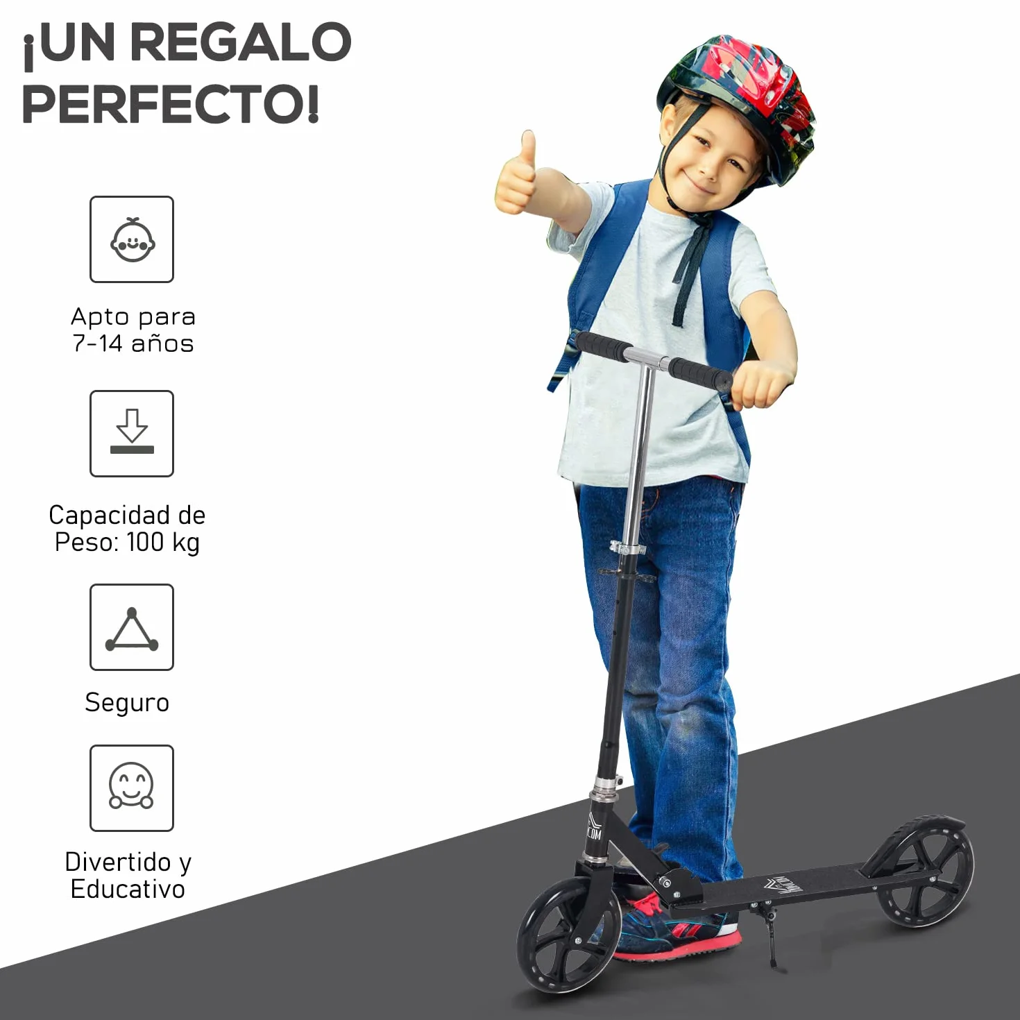 HOMCOM Patinete Plegable para Niños +3 Años Scooter Infantil Manillar Ajustable 4 Niveles 88x37x75-100 cm