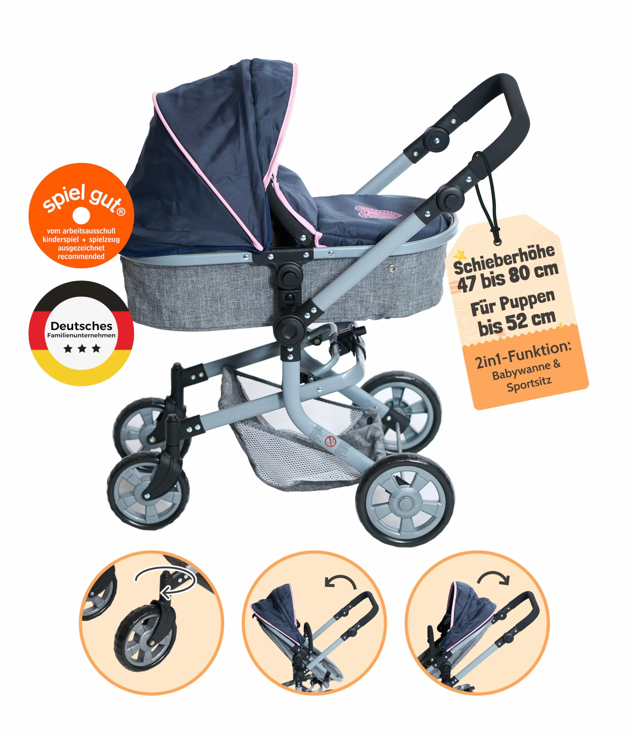 Bayer Chic 2000 Cochecito de muñecas Mika 2 en 1 para muñecas hasta 52 cm Rosa 73x41x82 cm
