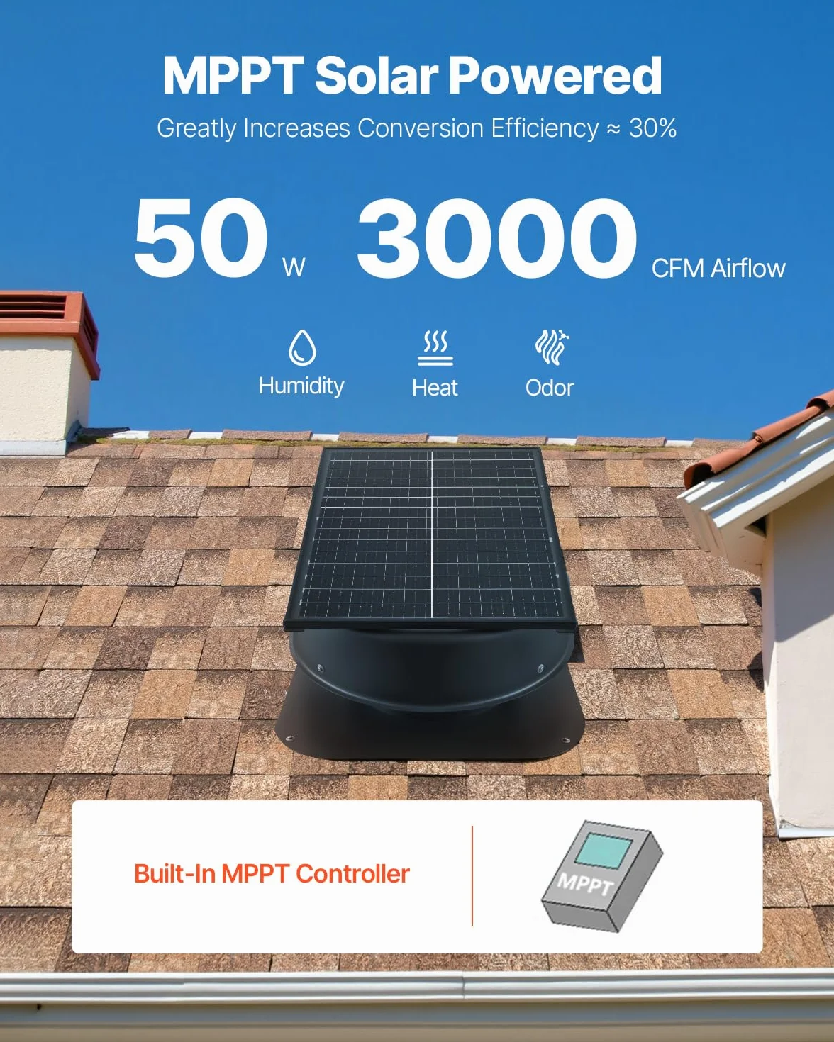 VEVOR Ventilador de Techo para Ático de 50 W con Termostato, Control Remoto, Flujo de Aire de 3000 CFM, Sensor de Humo Incorporado con Parada Automática para Enfriamiento y Deshumidificación