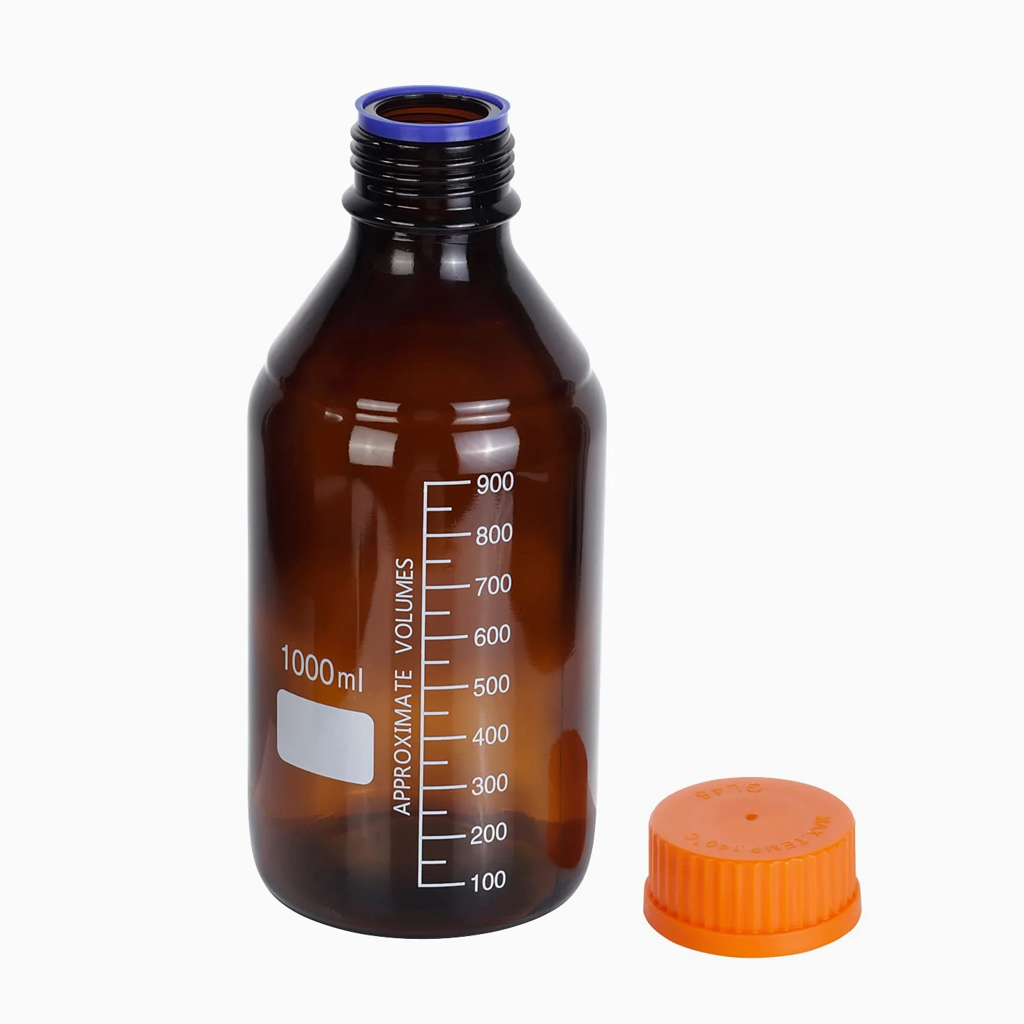 Moonetto Paquete de 4 botellas de vidrio de borosilicato ámbar de 1000 ml de reactivo de laboratorio/botella de almacenamiento con tapón de rosca naranja GL45