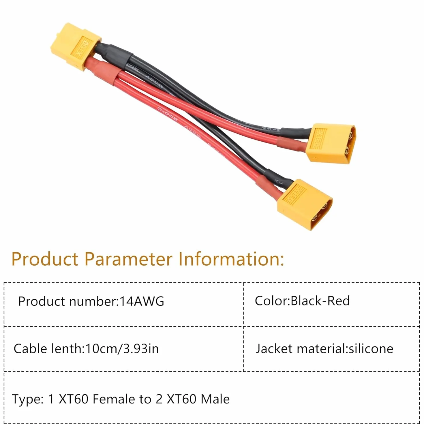 XT60 Adaptador de conector de batería paralelo Y Splitter 1 macho a 2 hembras Cable 14 AWG para RC Quadcopter