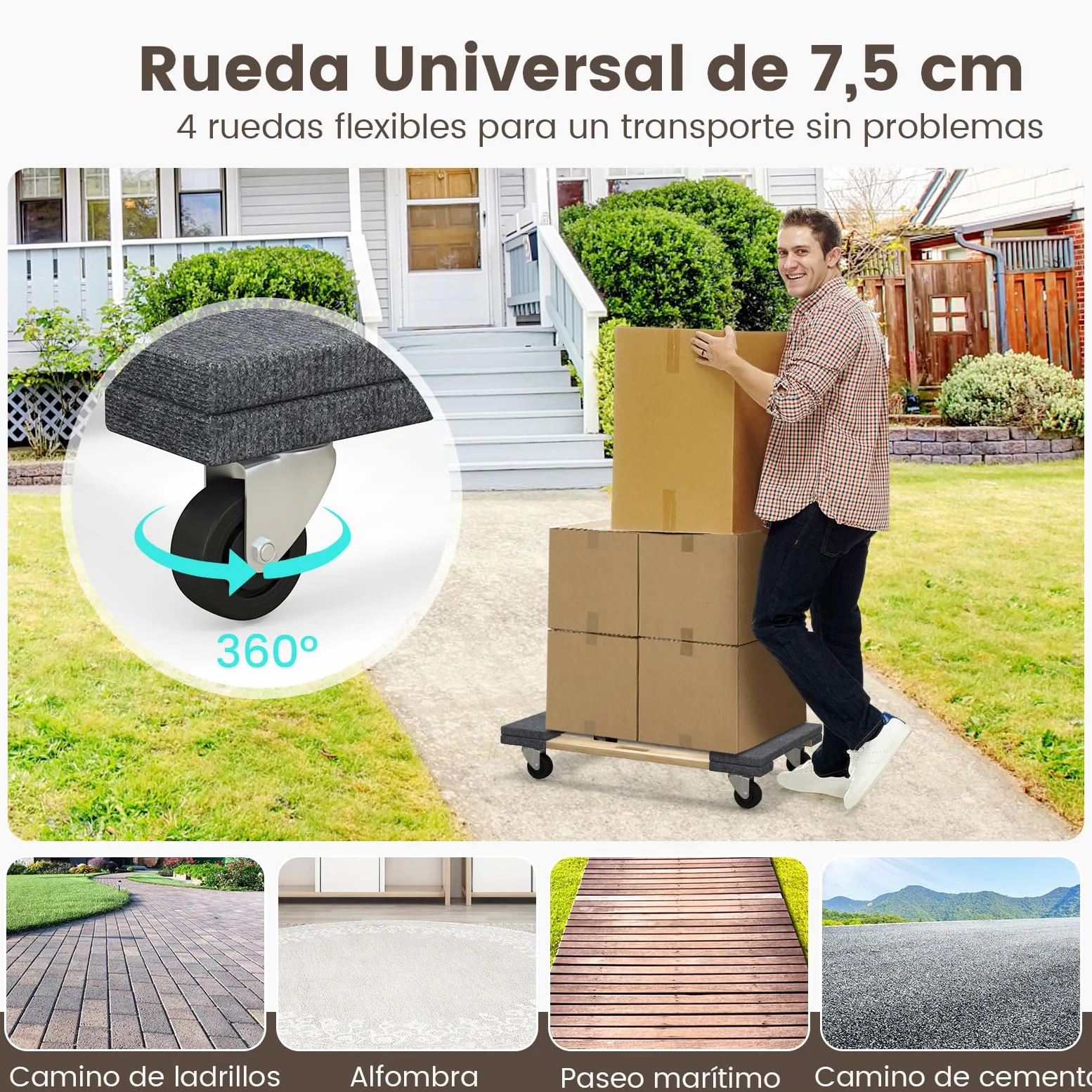 GYMAX Plataforma con Ruedas, 77 x 47 cm, Tabla de Ruedas de Madera de Acacia con 4 Ruedas Universales y Asa, Carga de hasta 450 kg, Tablero de Carro para Aparatos y Muebles con Cargas Pesadas