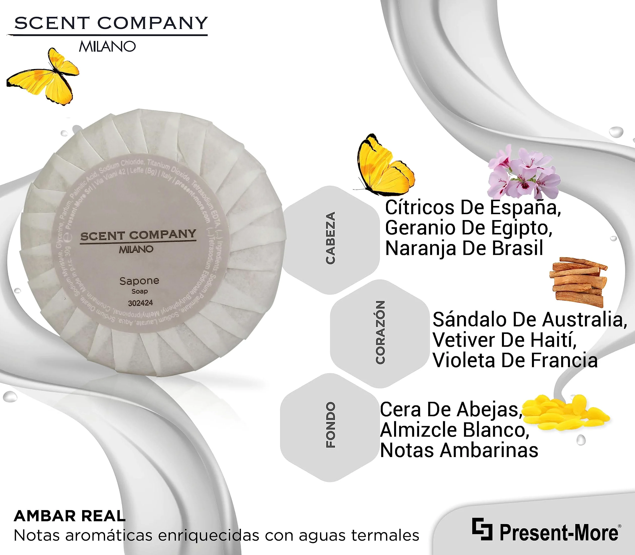 Present-More Jabon manos 30gr Scent Company Milano - Jabon 250 unidades para Hoteles y B&B | Jabon con fragancia Ámbar Real