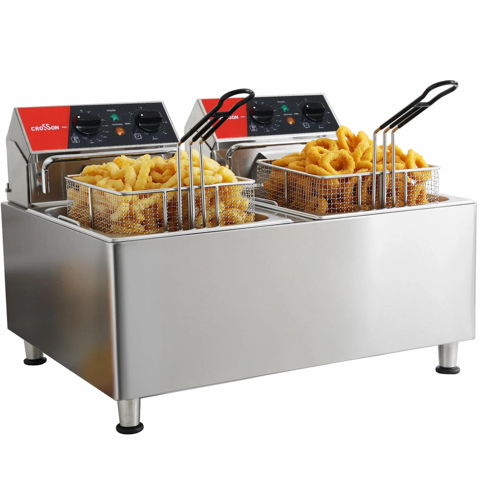 CROSSON 16L Freidora Doble Eléctrica Profesional,7500W Freidora Industrial Hosteleria Gran Capacidad Lleva una Cesta y una Tapa,Control de Temperatura 80-200°C para Cocina de Restaurante