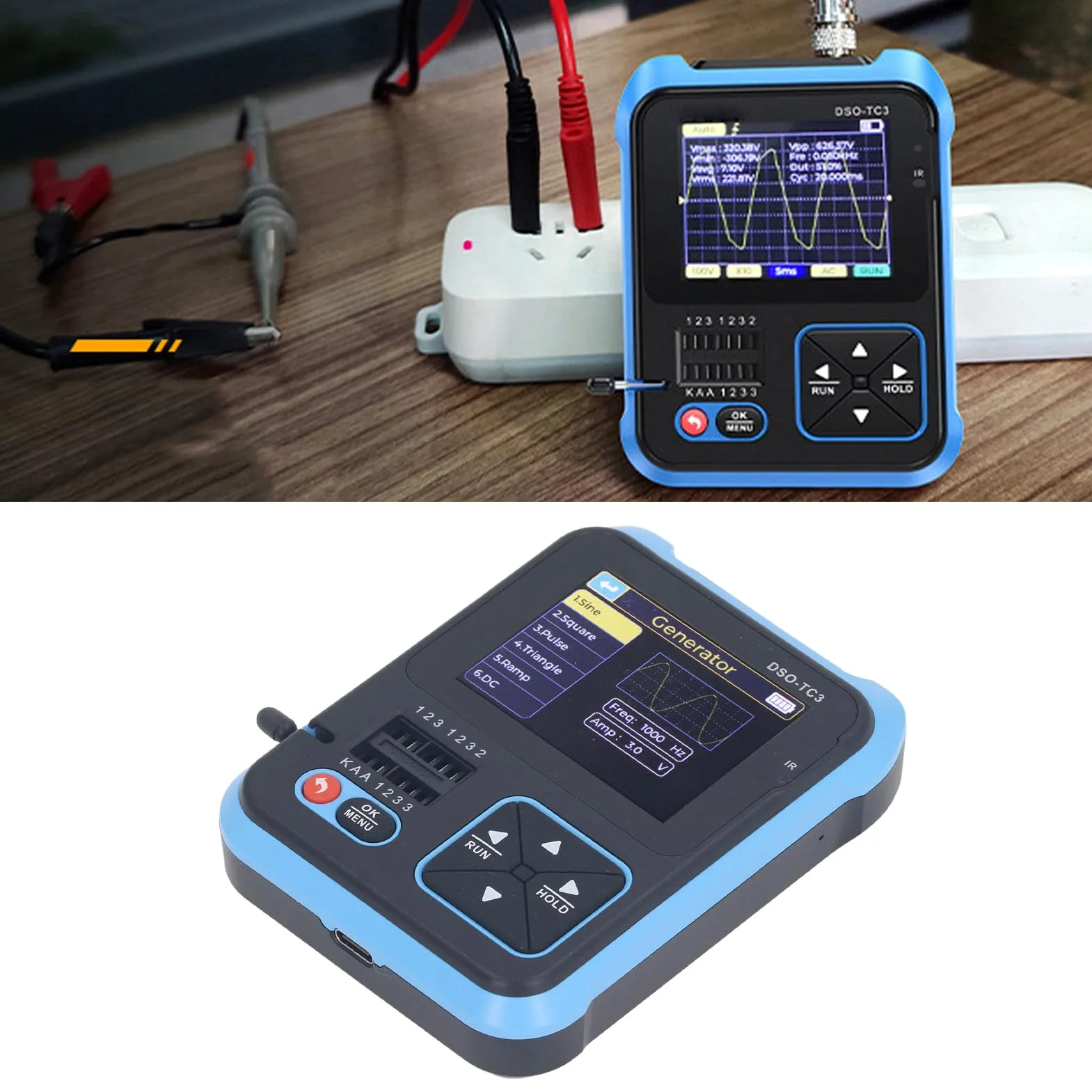 Duokon Osciloscopio DSO TC3, Osciloscopio Portátil 3 en 1, Probador de Componentes Digitales ABS y Generador de Funciones, 500 KHz 10 S, para Estudiantes Ingenieros Reparación de Laboratorio