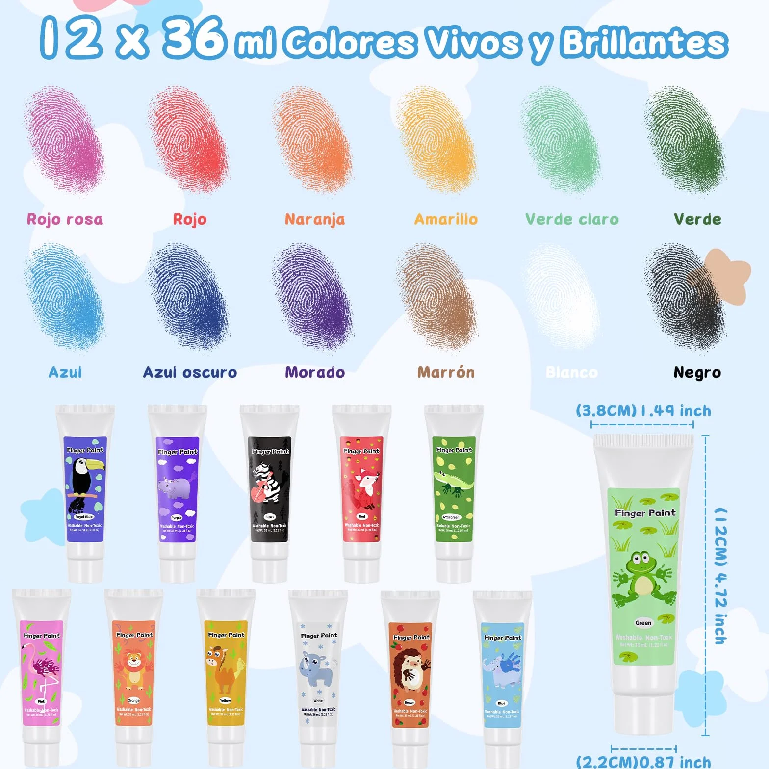 Pintura de Dedos No Tóxica para Niños, Kit de 12 Tubos (36ml c/u) - Lavable