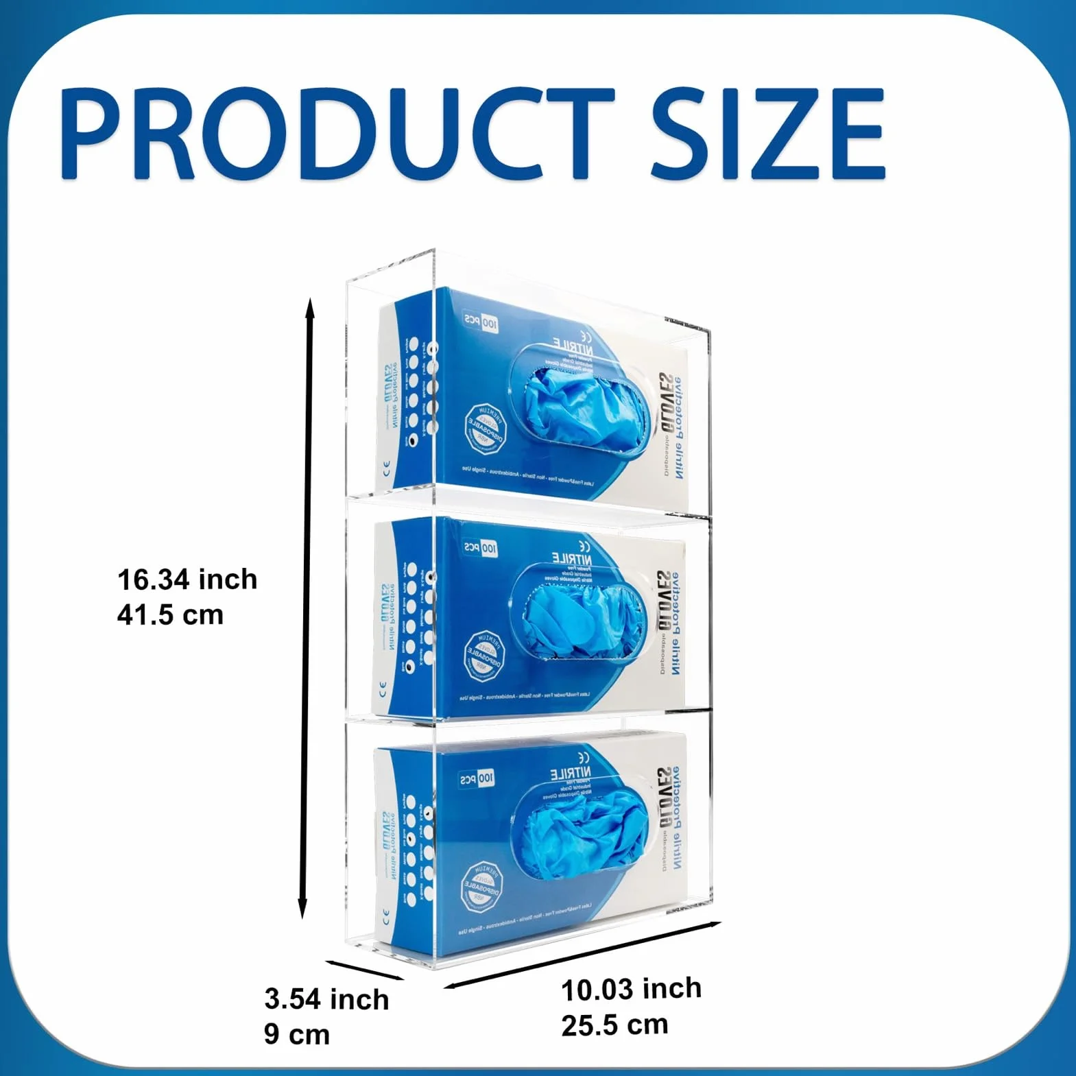 Dispensador acrílico triple compartimento carga lateral para guantes desechables médicos