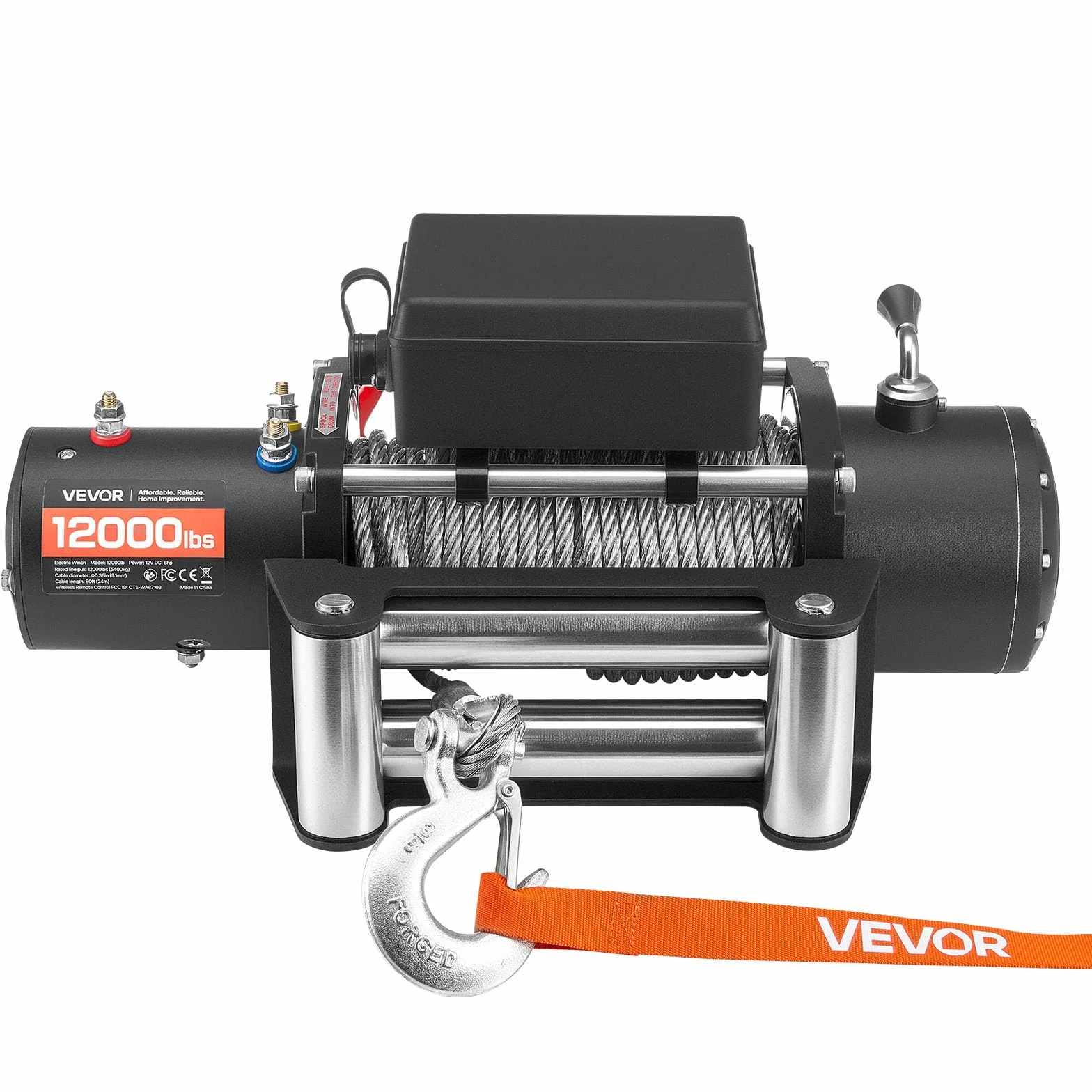 VEVOR Cabrestante Eléctrico, Fuerza Tracción Nominal 5400 kg, 12 V CC, Cable de Acero 24 m, Control Remoto Inalámbrico, IP55, para Remolcar SUV, Jeep, Remolques, Barcos y SUV, 534 x 160 x 215 mm