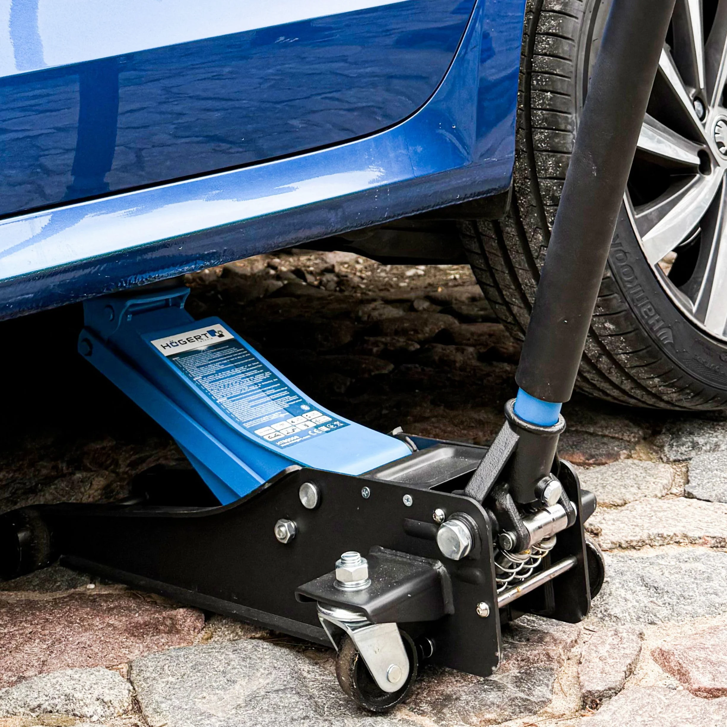 HÖGERT TECHNIK Gato hidráulico 2T, Plano, 85-430 mm, Compacto, Acero, Ruedas, Válvula de Seguridad