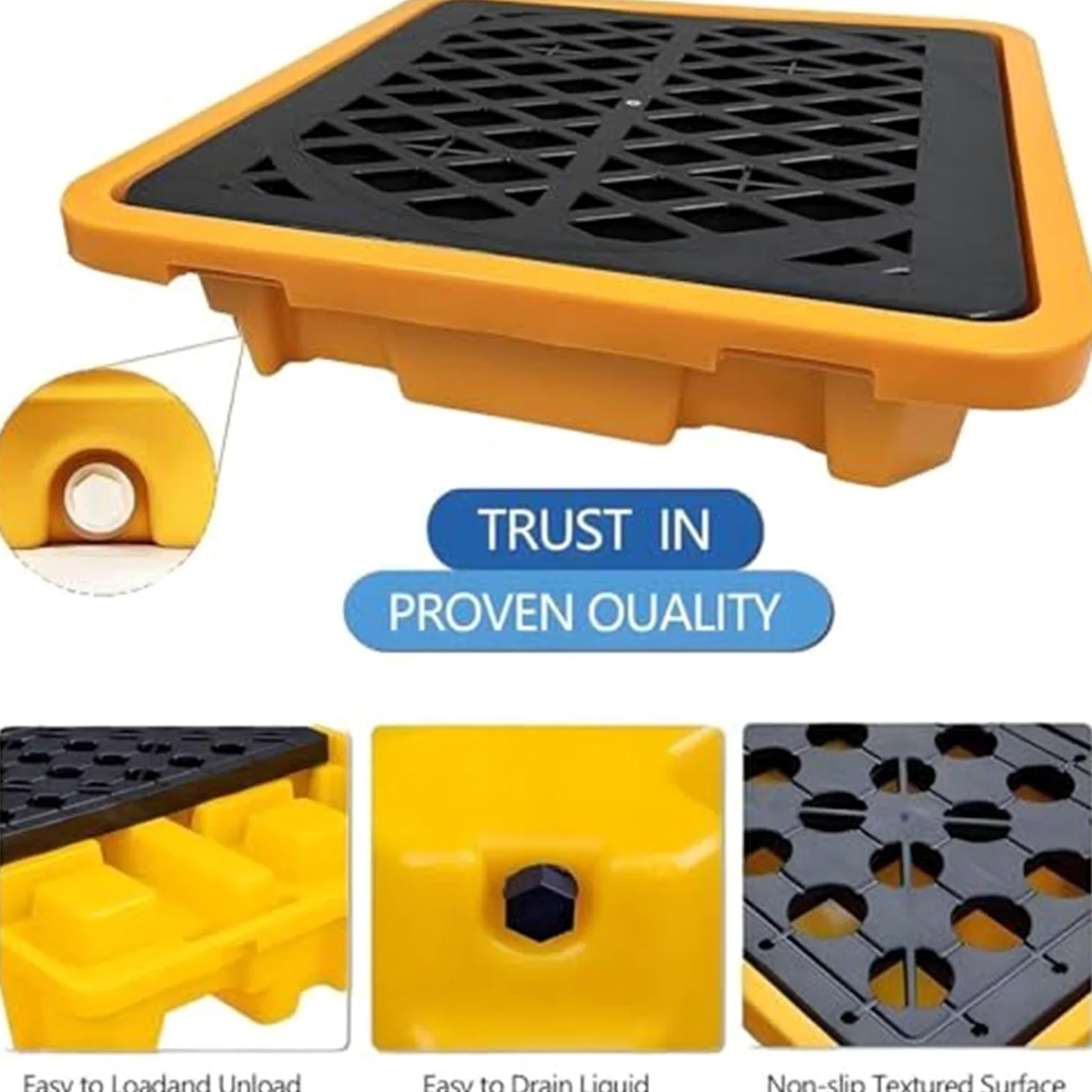 Cubeta de Retencion con Desague y Entradas de Carretilla, Palet Antiderrame de HDPE for Garaje, Plataforma Modular con Rejilla Desmontable, Control de Derrame Secundario(50 * 36 * 10cm)