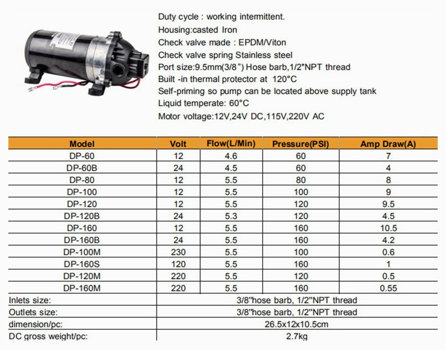 Bomba de Diafragma, 8 0 psi 1.5GPM Bomba de diafragma con interruptor demanda, Las válvulas Santoprene 24V
