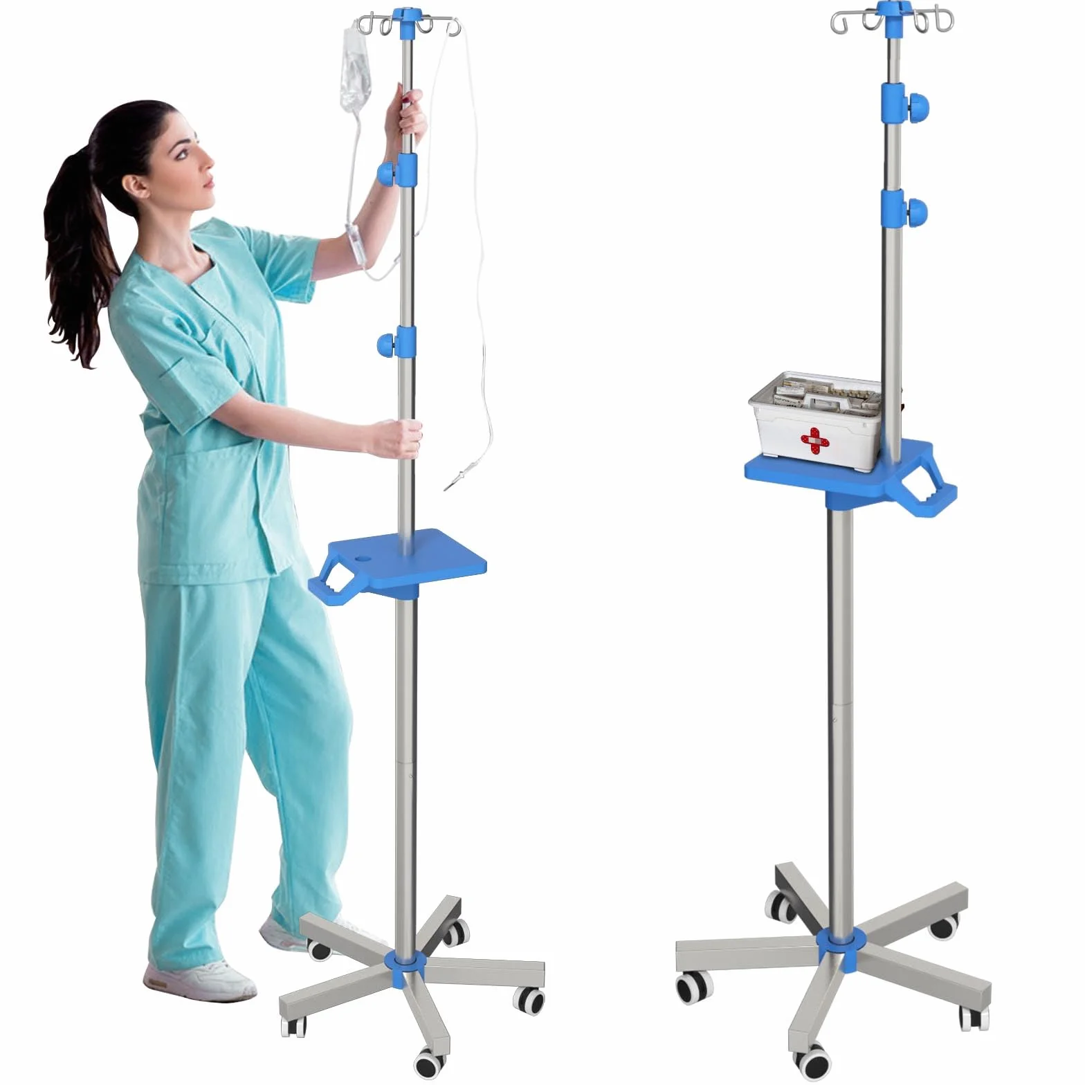 Moricher Soporte Rolling IV con bandeja, soporte de acero inoxidable IV con 4 ganchos, ruedas y construcción de altura ajustable para clínicas y hogares