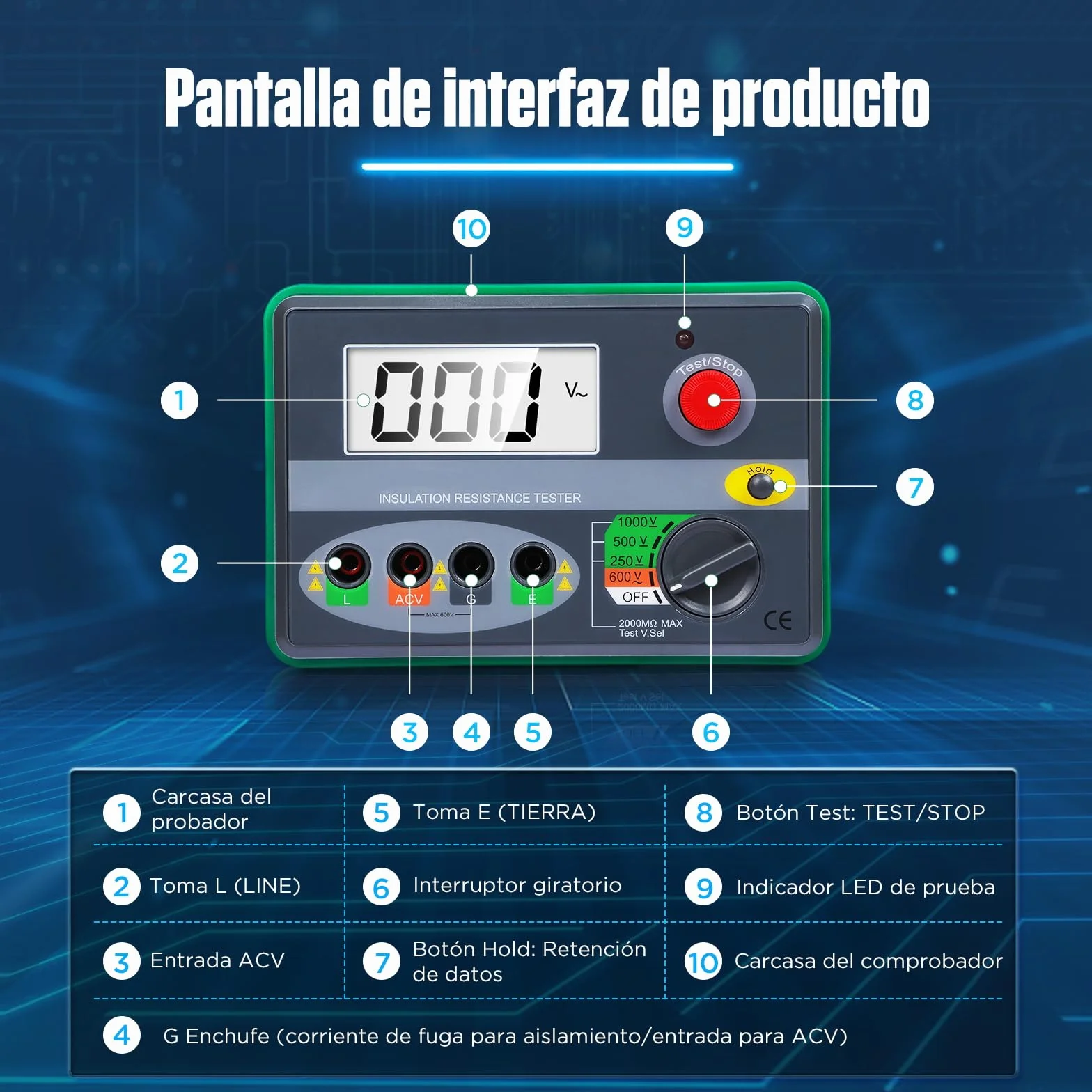 KAISAL Probador de Resistencia de Aislamiento 0-2000MΩ Digital Probador de Aislamiento Megohmetro