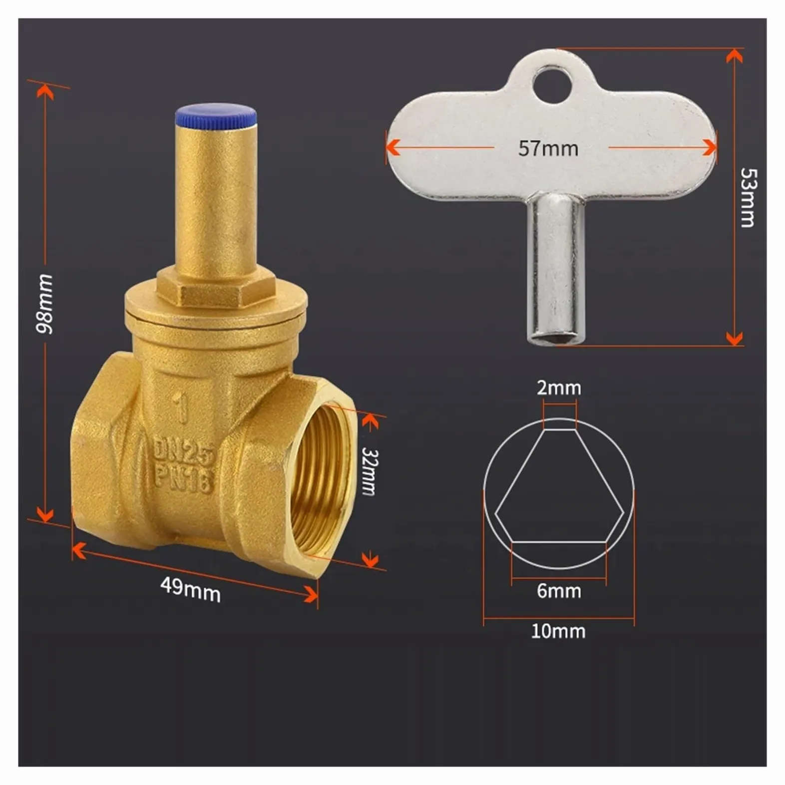 Válvula De Esfera Válvula de compuerta latón DN15 DN20 DN25 con cerradura dentro la llave triangular for tubería agua, medidor, válvula bloqueo antirrobo frontal(1-1/2")