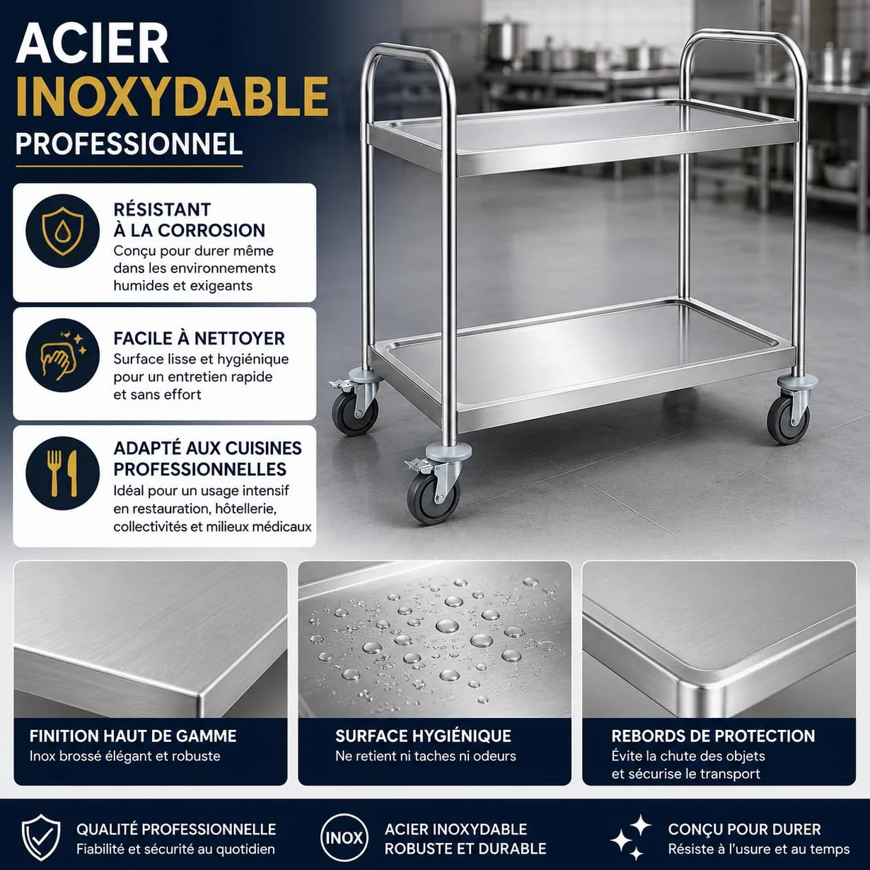 Carro de servicio de acero inoxidable de 2 niveles - 84,5 x 52,5 x 94 cm - Ruedas giratorias con frenos - Cocina Pro, Restaurante, Comunidad
