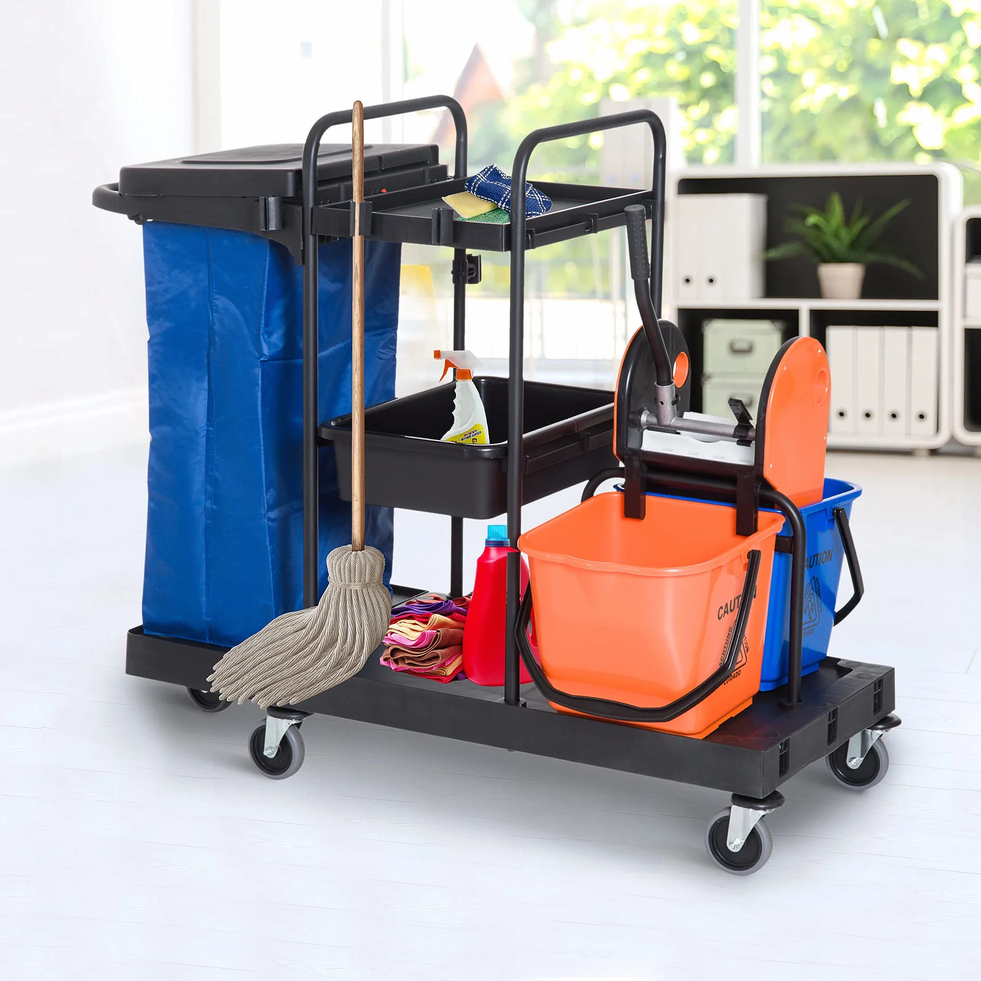 HOMCOM Carro de Limpieza con Bolsa de Basura Carro de Servicio con Cubos de Fregar de 18L Escurridor de Prensa y Estantes para Hotel 111x63,3x103 cm Multicolor
