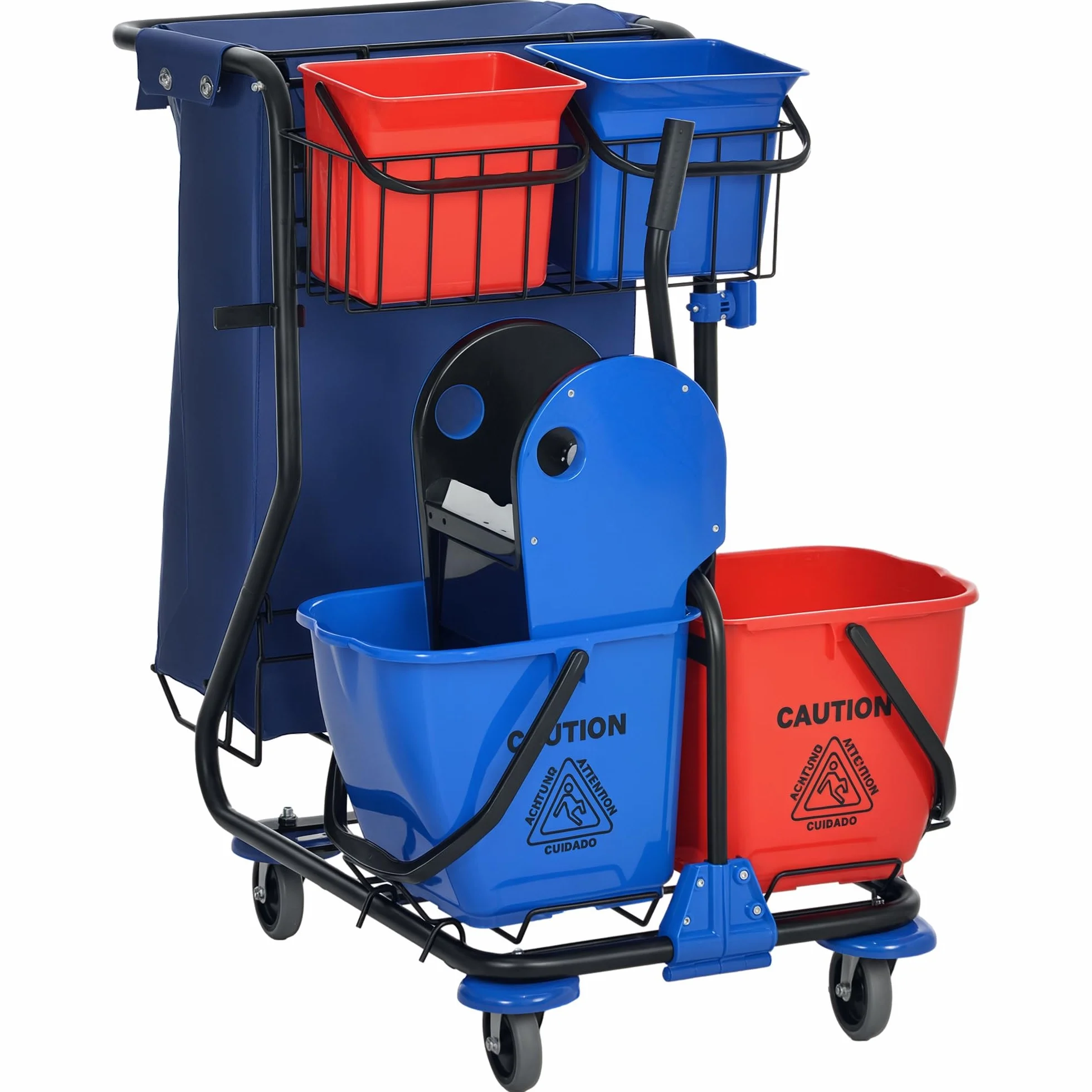 HOMCOM Carro de Limpieza con Bolsa de Basura Carro de Servicio con Doble Cubo de 18 litros Escurridor de Prensa 2 Cubetas Auxiliares 93x80x97 cm Rojo y Azul