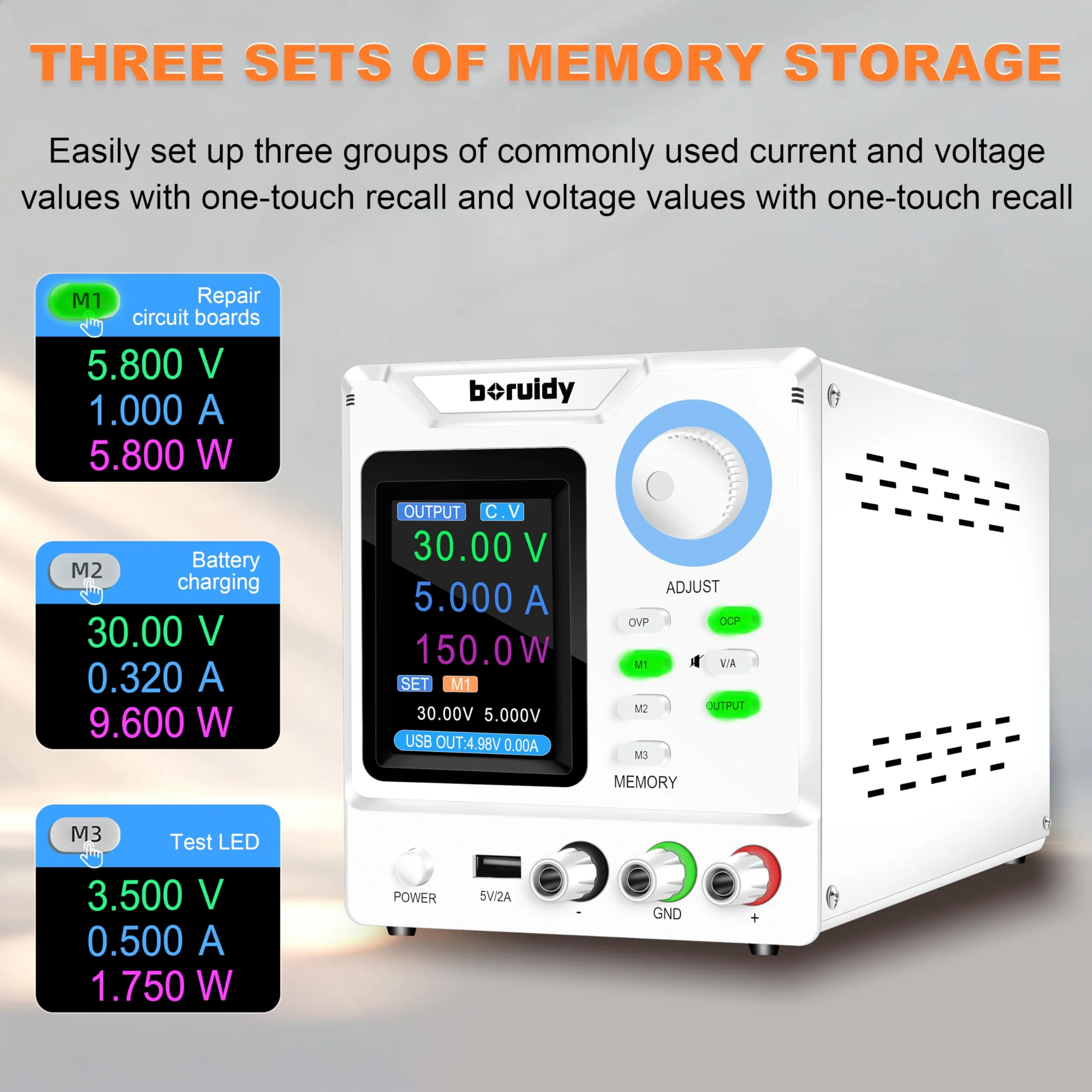 Alimentación de laboratorio ajustable 30 V 5 A boruidy 150 W codificador de alimentación estabilizada ajustable con memorias/salida/OCP OVP con carga rápida USB Pantalla en tiempo real y pantalla TFT