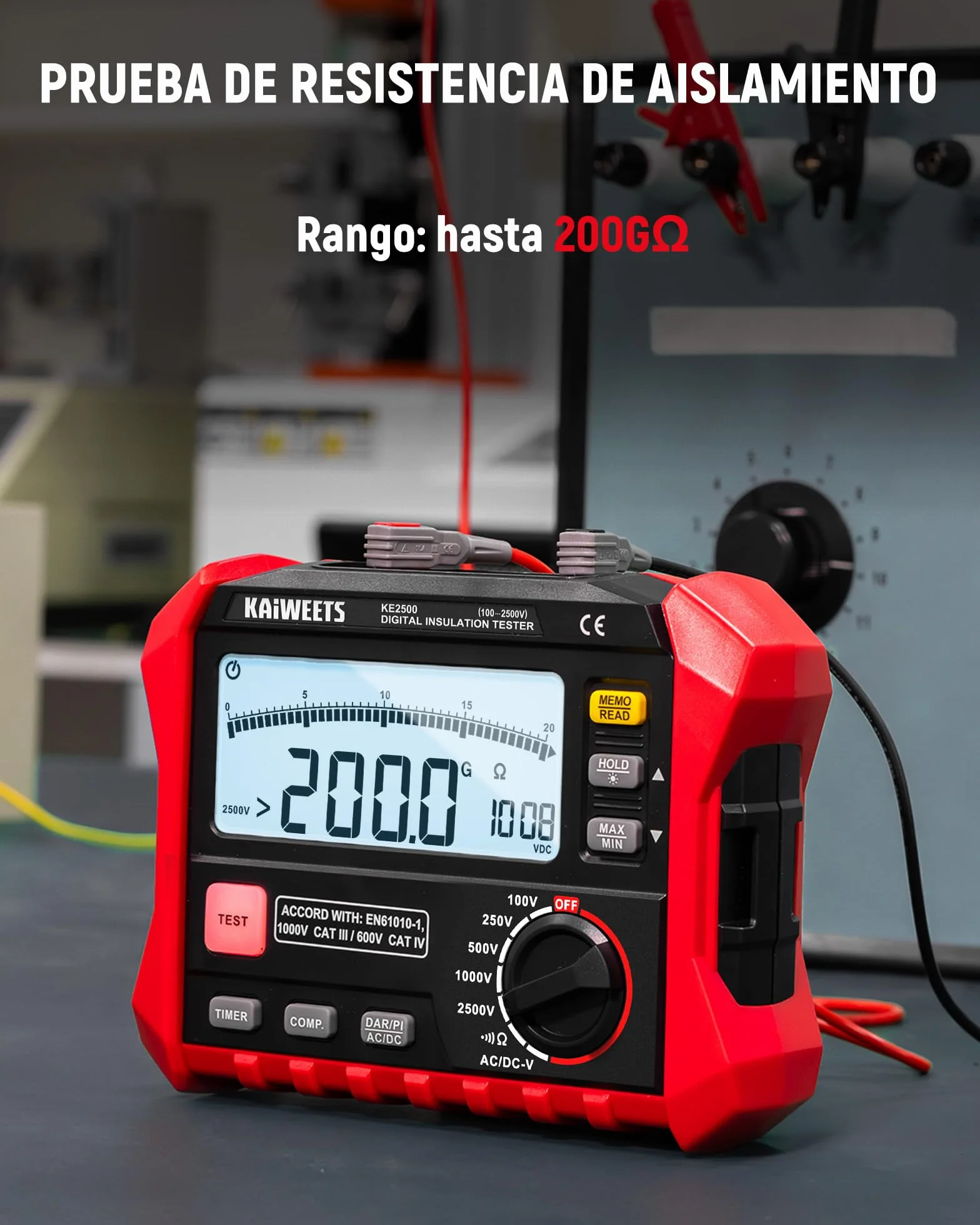 KAIWEETS Comprobador de Resistencia de Aislamiento, Hasta 200 GΩ, Megóhmetro Profesional, 5 Rangos 100 V/250 V/500 V/1000 V/2500 V, DAR/PI con Un Solo Toque, Máx./Mín., Mide Resistencia y Voltaje
