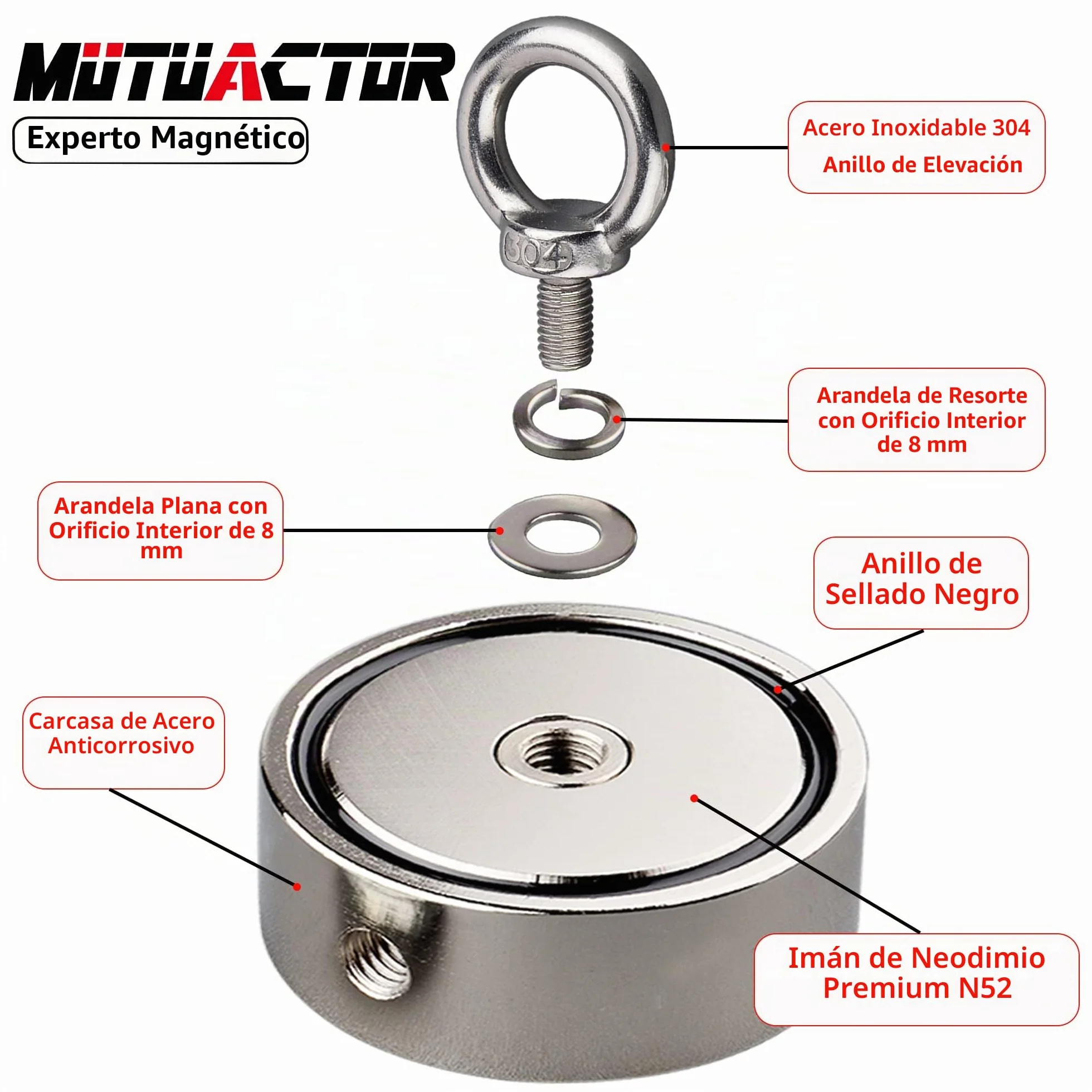 MUTUACTOR Iman de pesca neodimio N52 320 kg con cuerda 20 m para recuperacion magnetica