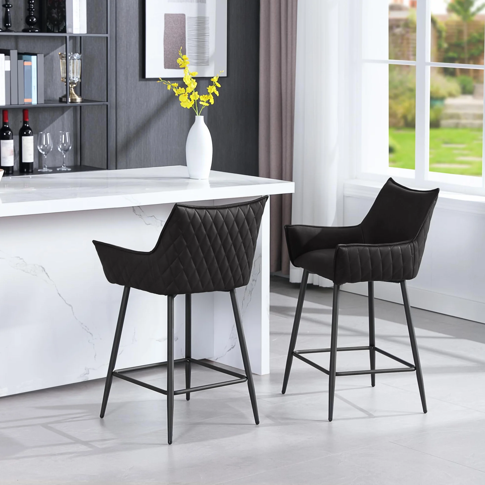 WOLTU Juego de 4 Taburetes Altos de Cocina con Respaldo y Reposapiés, Asiento PU, para Comedor y Cocina, Antracita