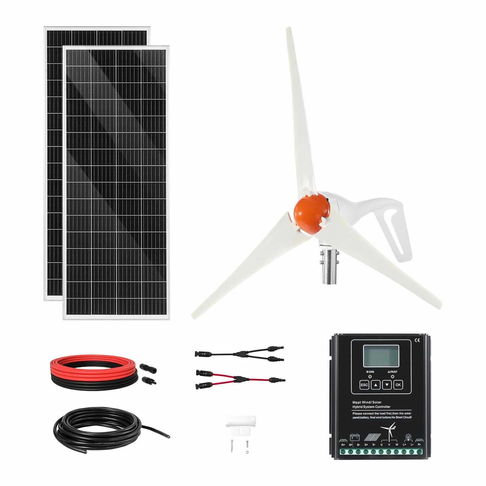 VEVOR Kit de Energía Solar Eólica de 12 V y 400 W con 2 Paneles Solares Monocristalinos de 100 W, Turbina Eólica de 200 W, Controlador Híbrido Eólico/Solar MPPT para Casas Rodantes, Barcos, Camping